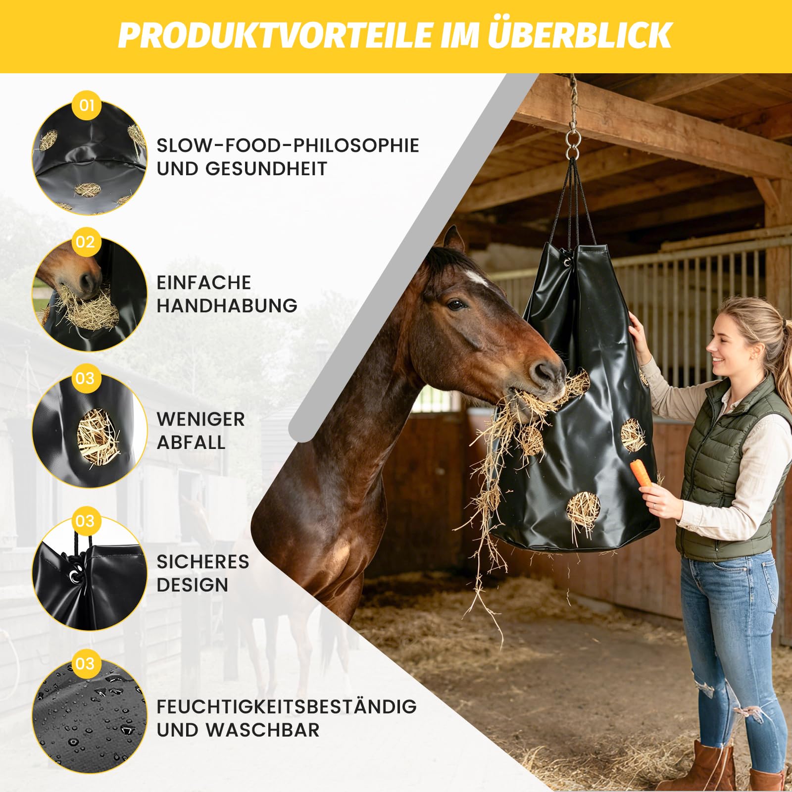 Heunetz für Pferde, 88L Heusack für Pferde zum langsamen Fressen, 70 x 40cm Heunetz mit 16 kleinen Öffnungen (8 cm) & 3,3 M langes Seil, verhindert Futterverluste & reduziert Stress
