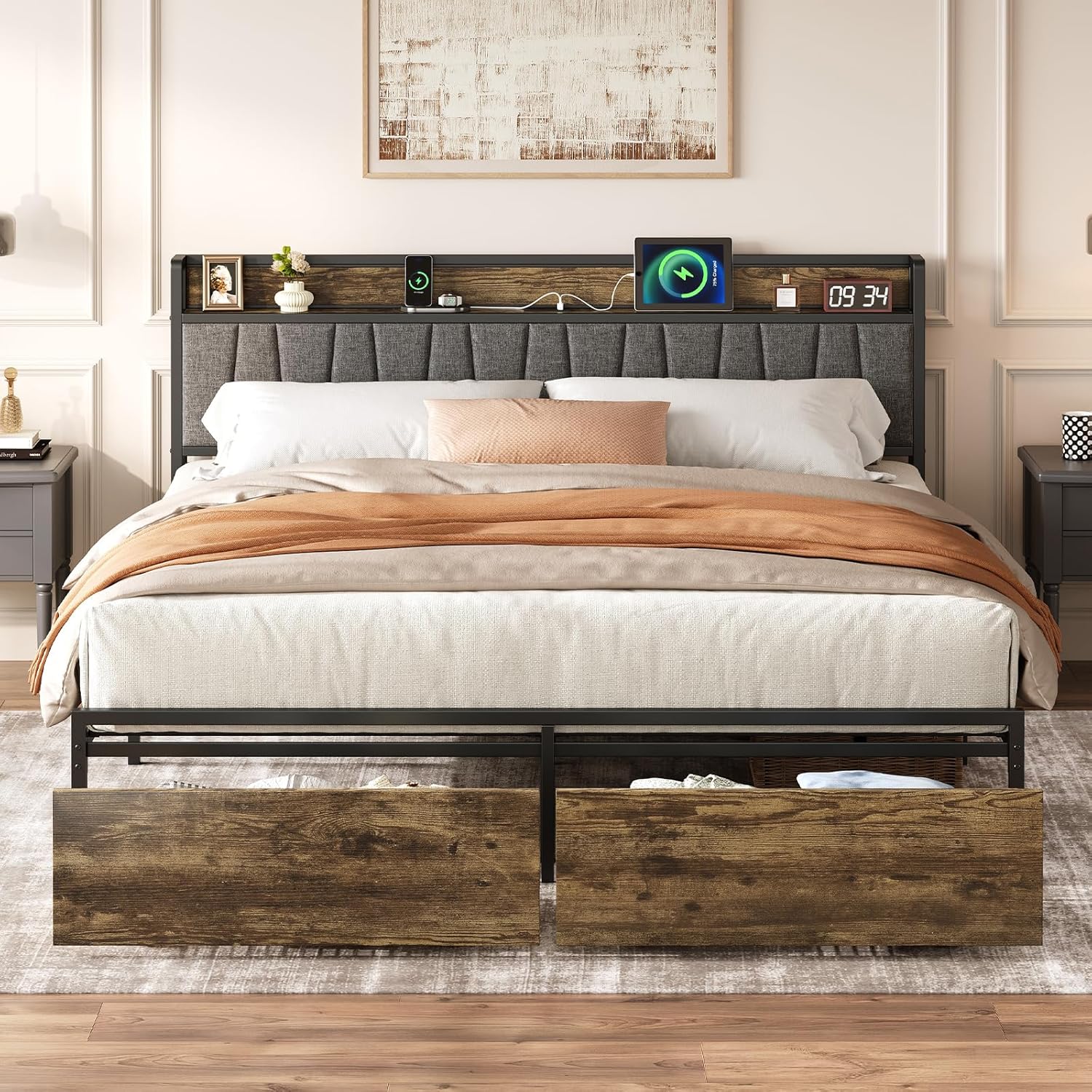 King Size Bed Frame with Storage Drawers and Charging Station, Upholstered Headboard Metal Platform Bed with USB Ports, No Box Spring Needed, Easy Assembly, Dark Brown