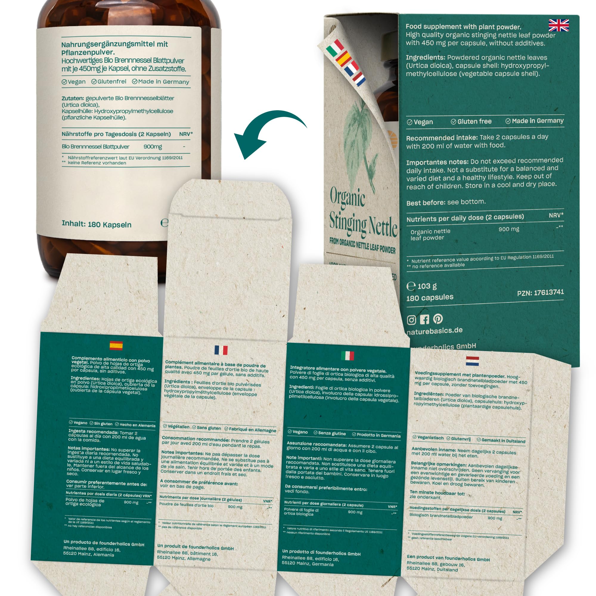 Ortica biologica - 180 capsule ad alto dosaggio / 900 mg di polvere di foglie di ortica biologica pura e di alta qualità per dose giornaliera/vegana, certificata e sostenibile in barattolo