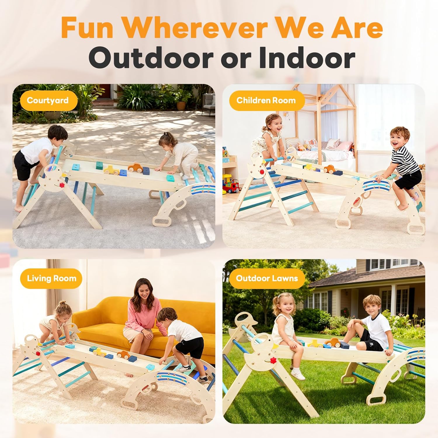 NEWBULIG Pikler Triangle Set,7-in-1 Foldable Pikler Triangle Climbing Toys Set for Kids, Baby Indoor Playground Jungle Gym, Wooden Montessori Climbing Set for Toddler (Blue)