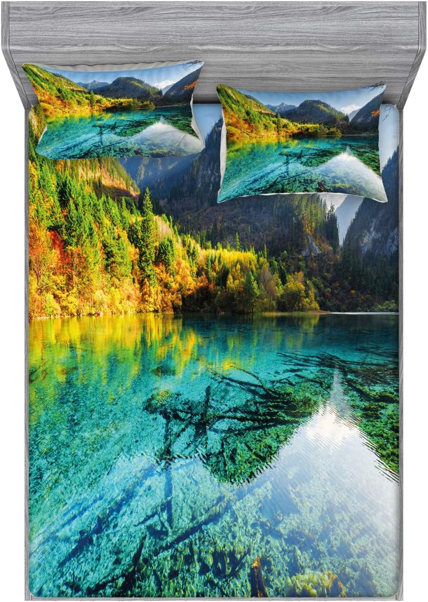 Ambesonne Nature Fitted Sheet & Pillow Sham Set, Idyllic Mountain Creek Crystal Water Forest Pastoral Rural Landscape, Decorative Printed 3 Piece Bedding Decor Set, Queen, Fern Green