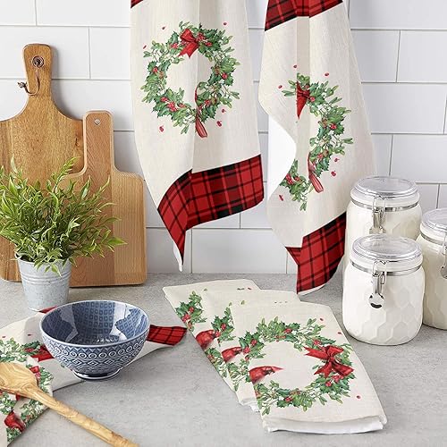 Miniatura 3 de Toallas de cocina de 16 x 24 pulgadas, diseño de corona de cuadros rojos y negros, diseño de pájaro cardenal, algodón de Navidad, absorbente de