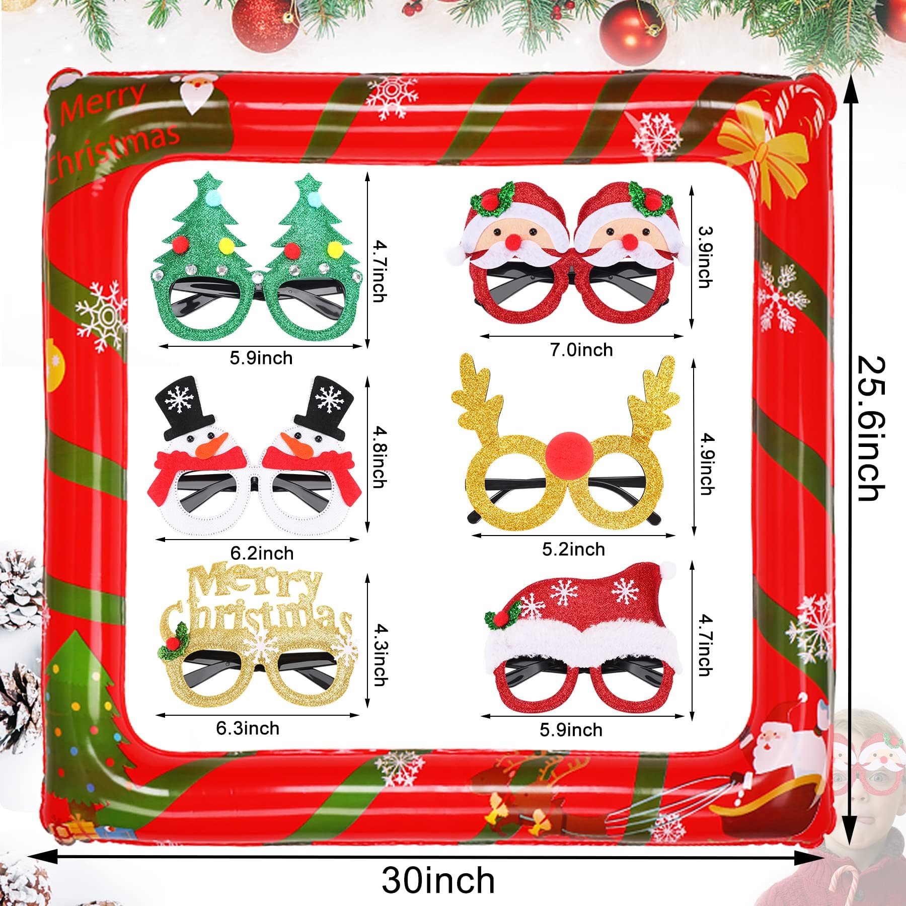 Christmas Photo Booth Props and Glasses - 6 Pcs Glitter Frames for Winter Xmas Holiday Activities, New Year Party Favors, Supplies, Games - One Size Fits All