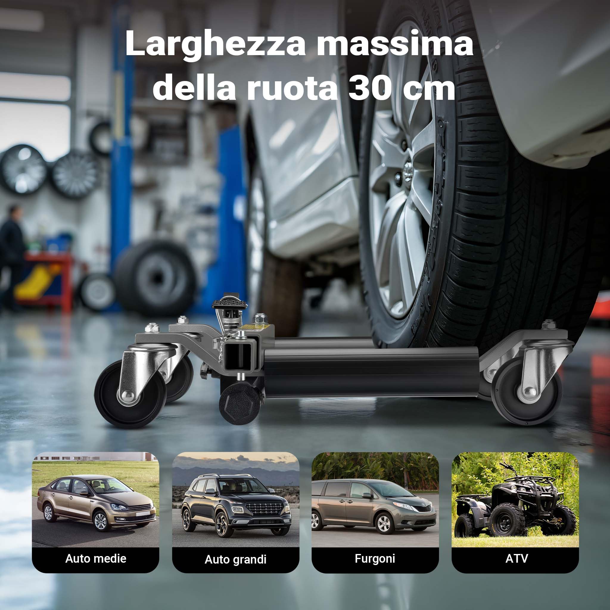 Carrelli sposta auto con cric idraulico 2x 680kg Per pneumatici larghi max 30cm Nero