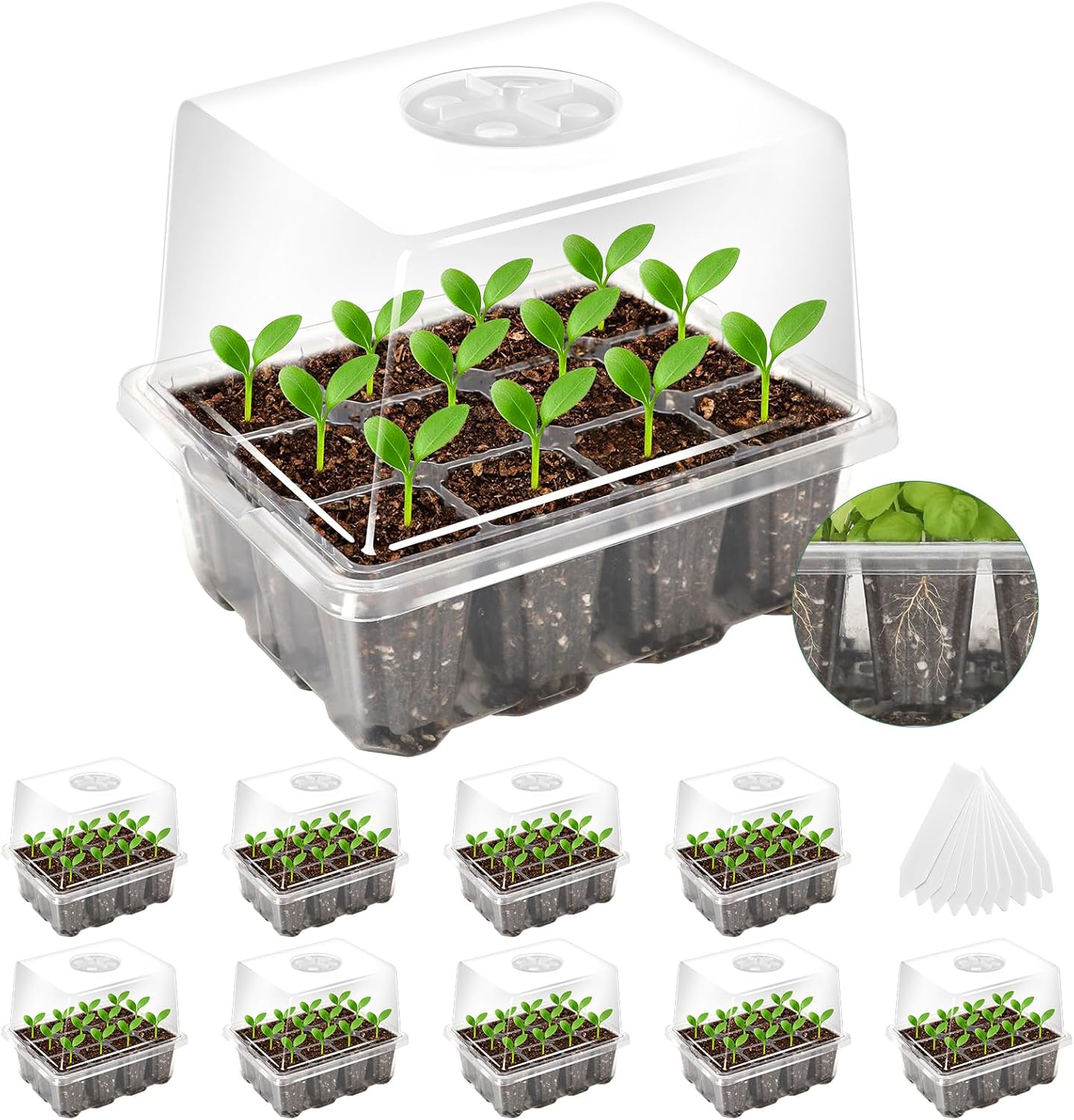 MIXC Seed Starter Tray with Elevated Lid, 120 Cells Seed Starter Kit with Adjustable Humidity Dome, Drainage Hole, Clear Heightened Lids for Indoor Outdoor Greenhouse Gardens, 10 Pack, Transparent