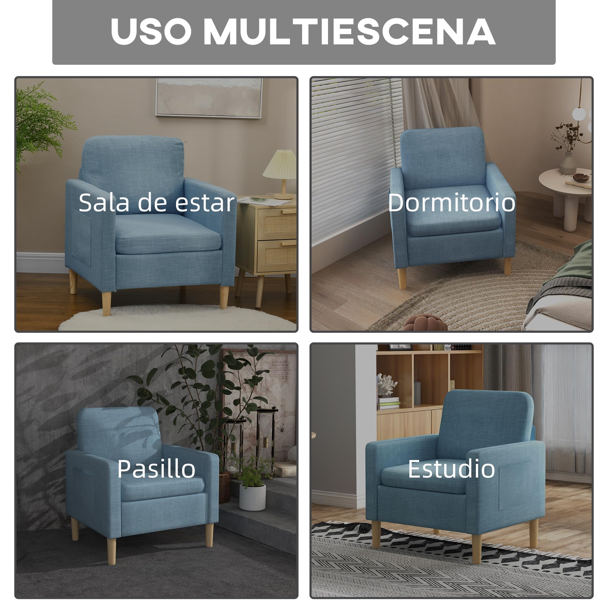 HOMCOM Butaca de Salón Sillón Relax con 2 Bolsillos Laterales Reposabrazos Asiento Acolchado y Patas de Madera Sofá Individual de Moderno para Dormitorio 73x79x87 cm Azul Claro