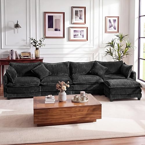 Vesgantti 143" L Shaped Modular Sectional Couch, Comfy Corduroy Upholstered Cloud Couches for Living Room, Modern 3 Seater Sofa with Movable Ottoman & Throw Pillows, Charcoal Grey