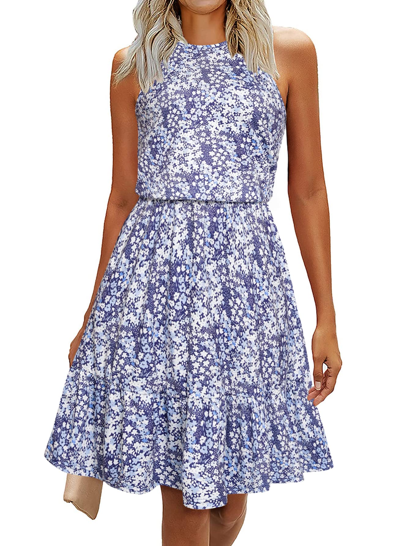 ABYOXIWomen's Summer Halter Dresses Casual Sleeveless Floral Ruffle Beach Vacation Sundress with Pockets