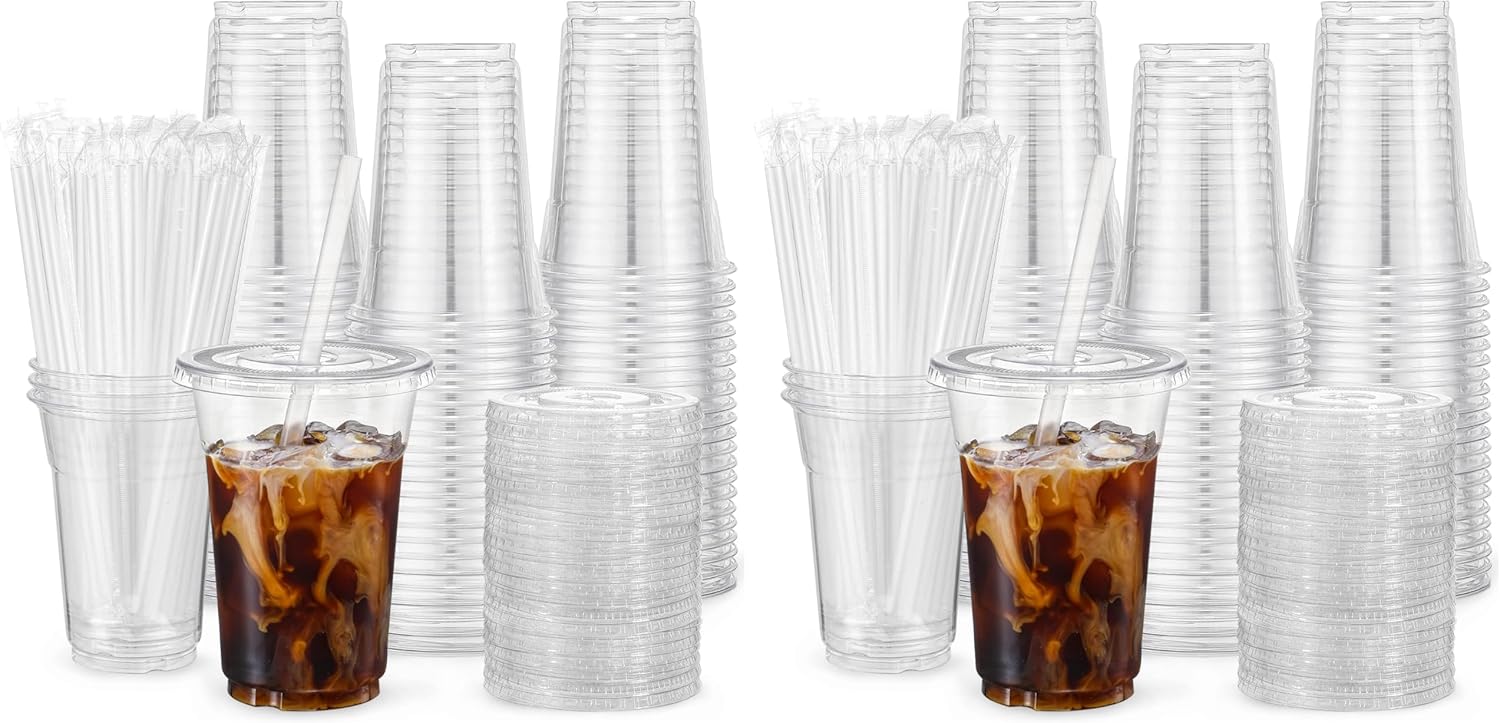 VITEVER [100 Sets - 16oz Clear Plastic Cups with Lids and Straws, Disposable Iced Coffee Cups for Smoothie, Milkshake, Cold Drinks - BPA free (Pack of 2)