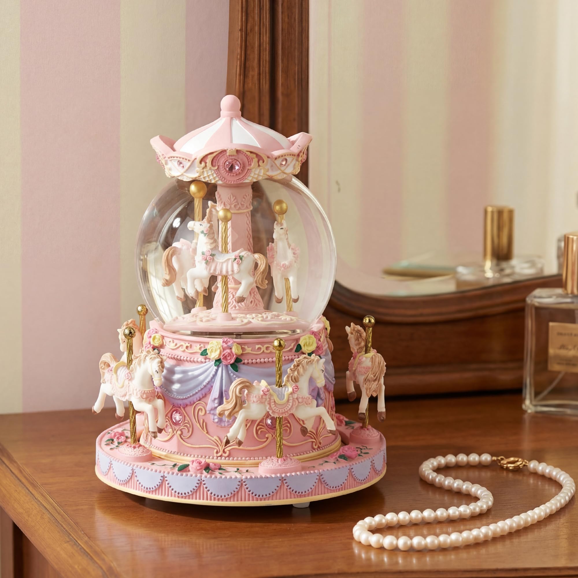 Carousel,Carillon con neve a forma di globo musicale, regalo per anniversario, compleanno, per moglie, figlia, fidanzata, mamma, San Valentino, giostra con luci gioca castello nel cielo