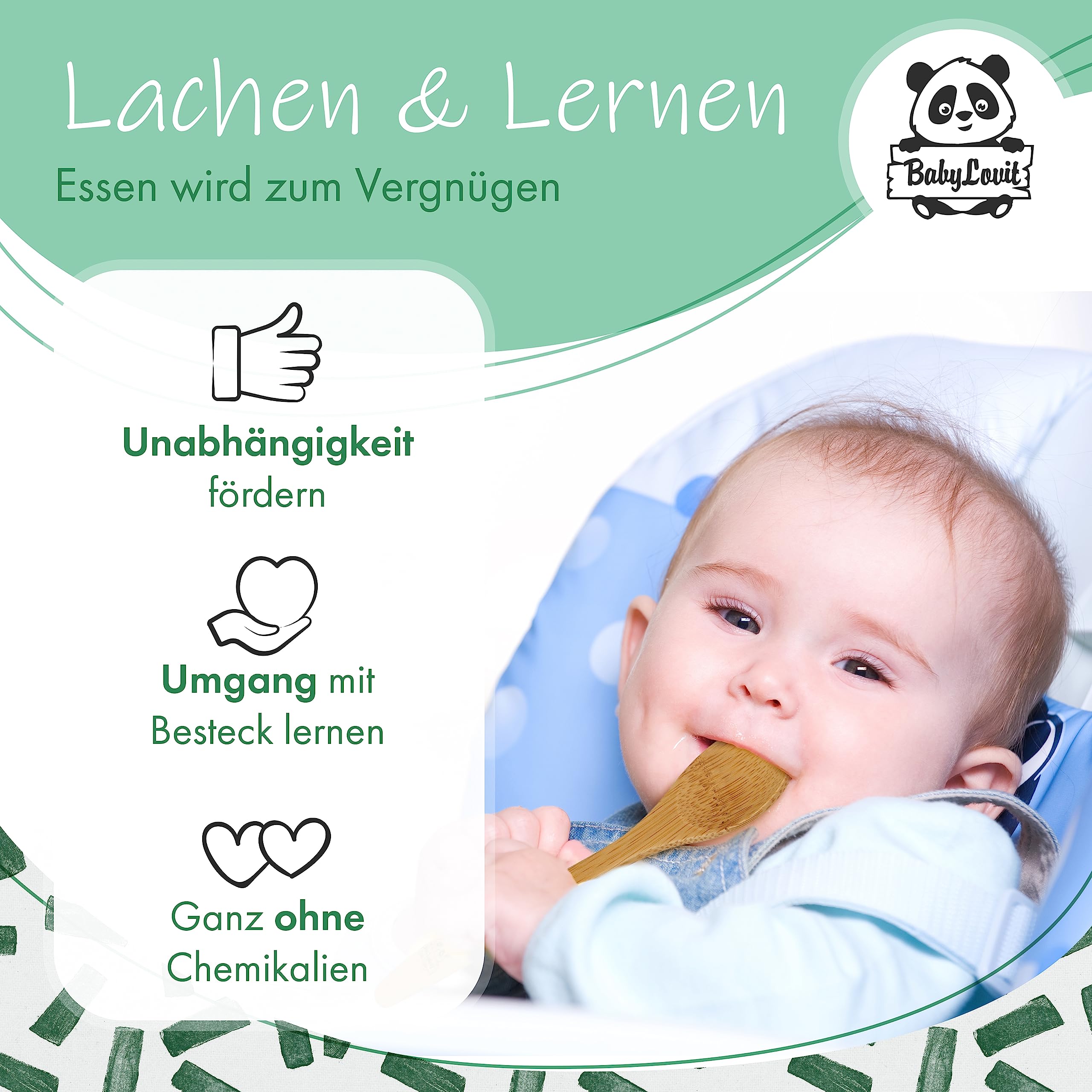 Bambus Kinderteller | TÜV Geprüfter Baby Teller mit Saugnapf & Esslernbesteck | BLW Beikost Zubehör | Esslernlöffel Baby Melamin & BPA frei | Kinder Teller mit Saugnapf | Kinderbetseck