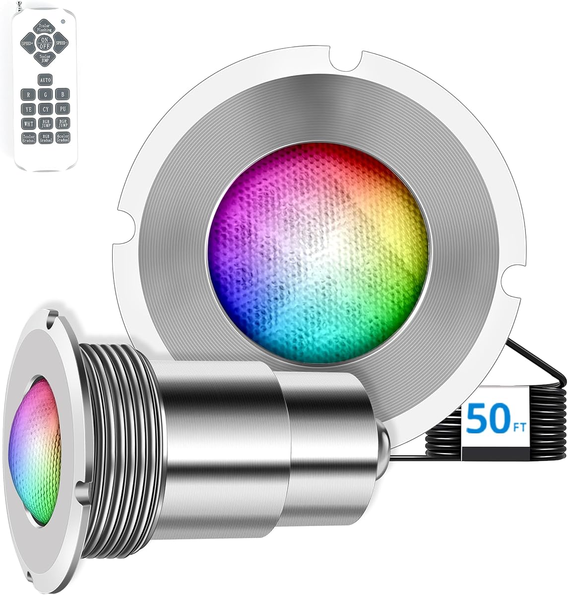 Luces de piscina para piscina enterrada, luz LED de color para piscina y spa enterrada, IP68, luces de piscina sin nicho impermeables, CA 12 V, cable de 50 pies, control remoto (controlador no compatible)