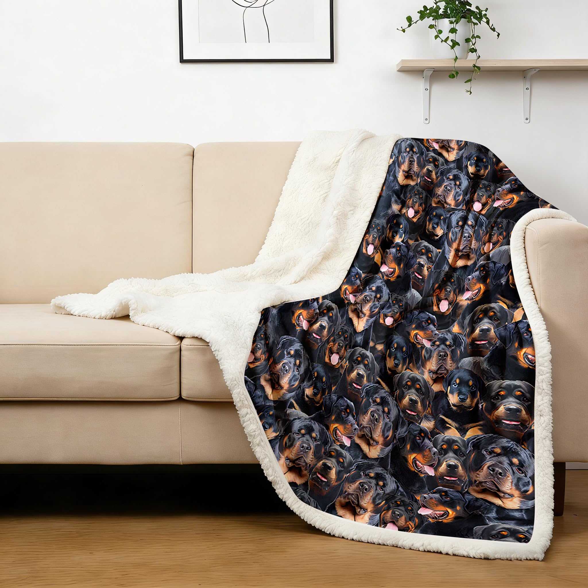 BlessLiving Fuzzy Dogs Blanket for Kids Adults Cool Dogs Fleece Blanket Reversible Animal Pattern Sherpa Throw Rottweiler Travel/Single (130x150cm)