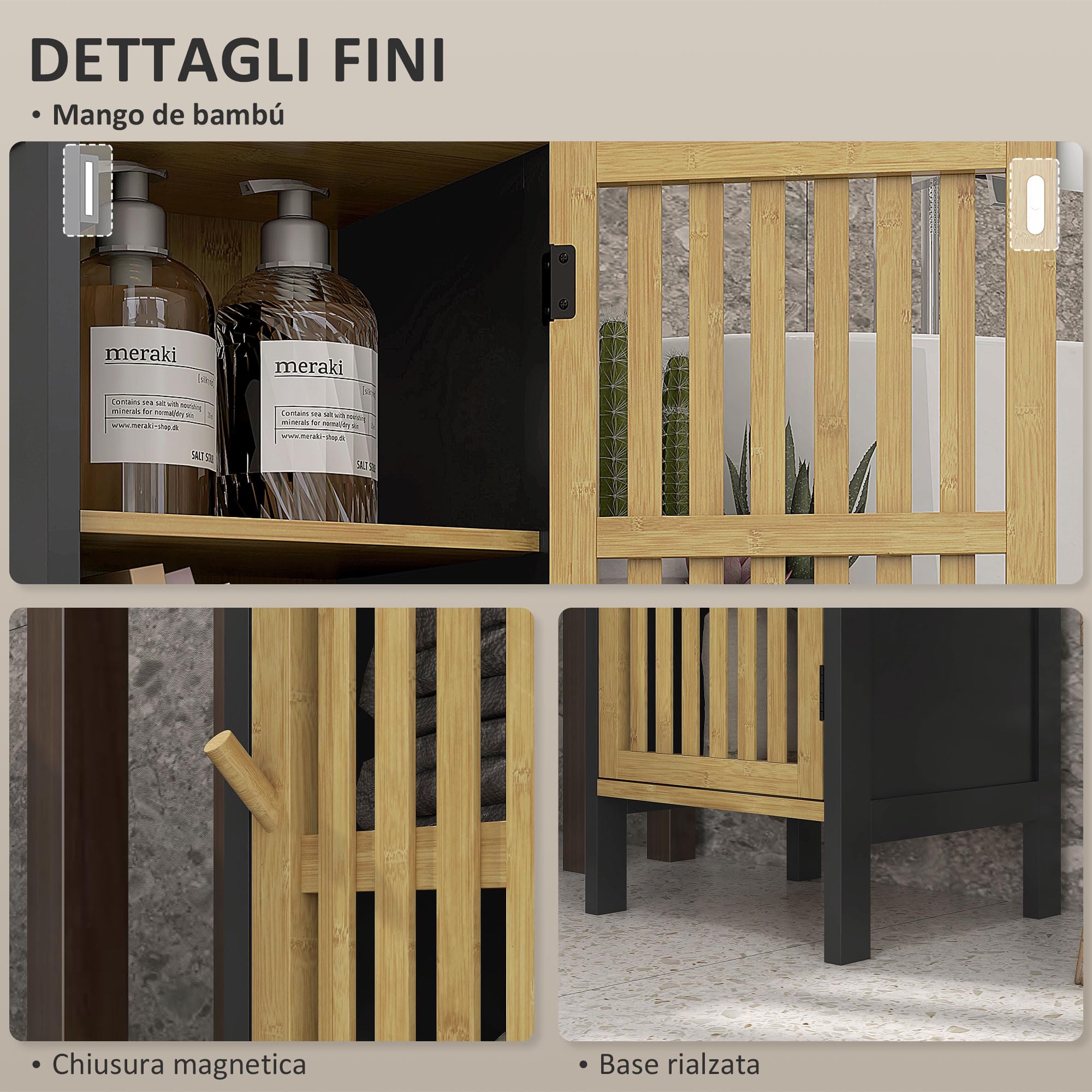 HOMCOM Mobiletto Bagno Salvaspazio con Ripiano Aperto e Armadietto con Ripiano Regolabile, Mobile da Bagno in MDF e Bambù, 32x30x90.5 cm, Nero e color Legno