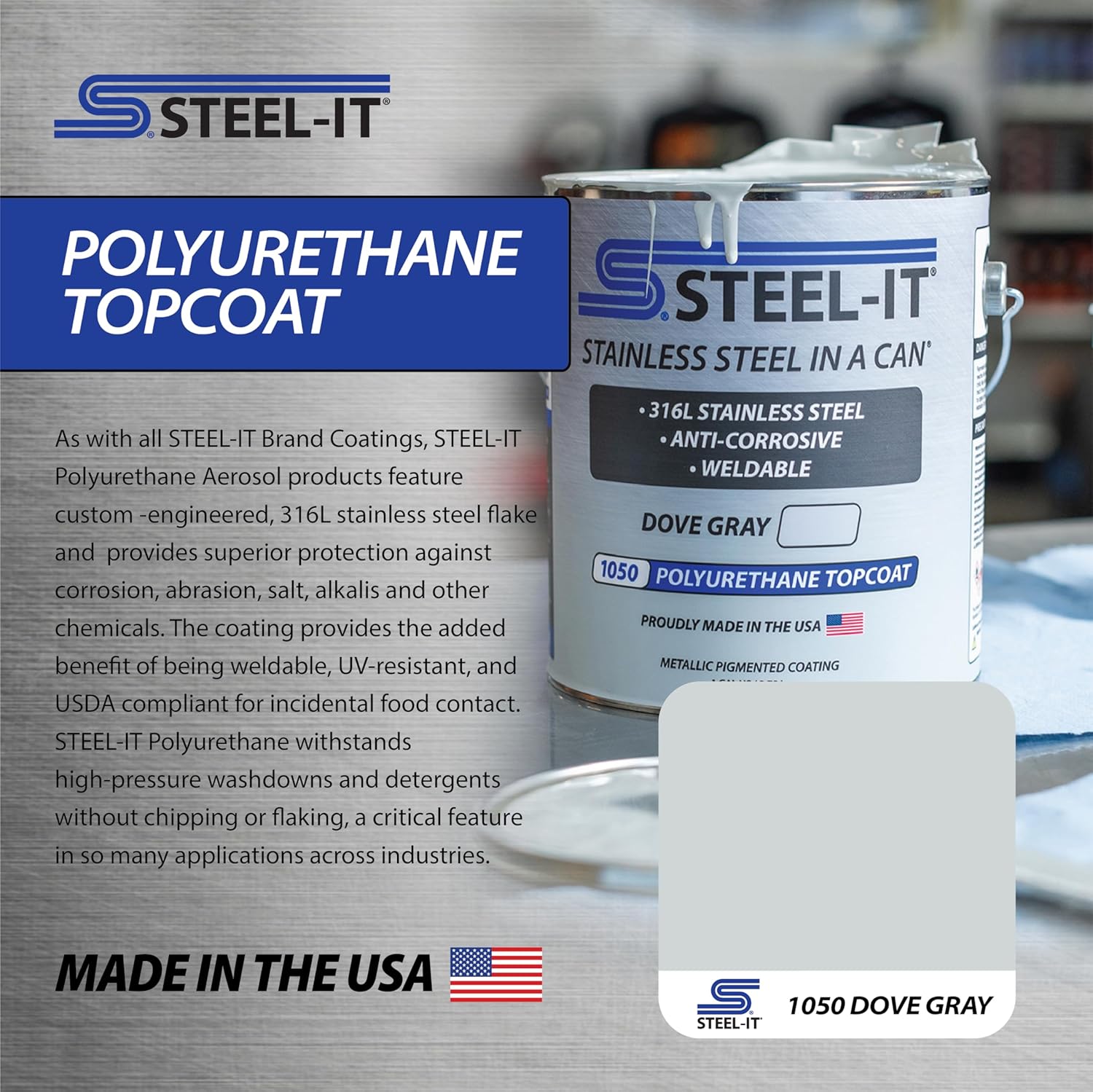 Steel-It 1050 Polyurethane Aerosol & Top Coat, Four Cans of Sprayable Industrial Paint Coating, One Quart of Brush on Top Coat, Both Offering Superior Anticorrosion, In Dove Gray