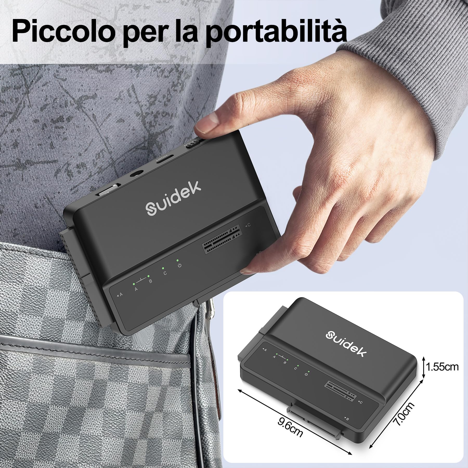 SUIDEK Adattatore M.2, Lettore di dischi rigidi USB 10 Gbps, Adattatore PCIe NVMe, SATA e IDE supporto per M.2 (chiave M e chiave M+B) di qualsiasi dimensione, SATA da 2,5/3,5" e IDE da 3,5"