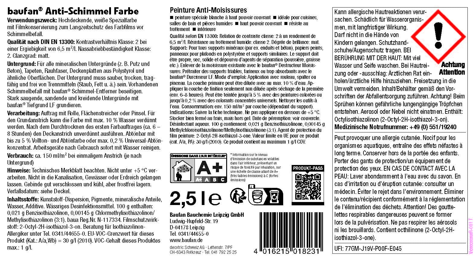 Baufan Pittura Anti-Muffa 2,5 L | Ideale per Cucine, Bagni e Ambienti Umidi | Alta Copertura | Resistente allo Sfregamento | BAuA n. 117334