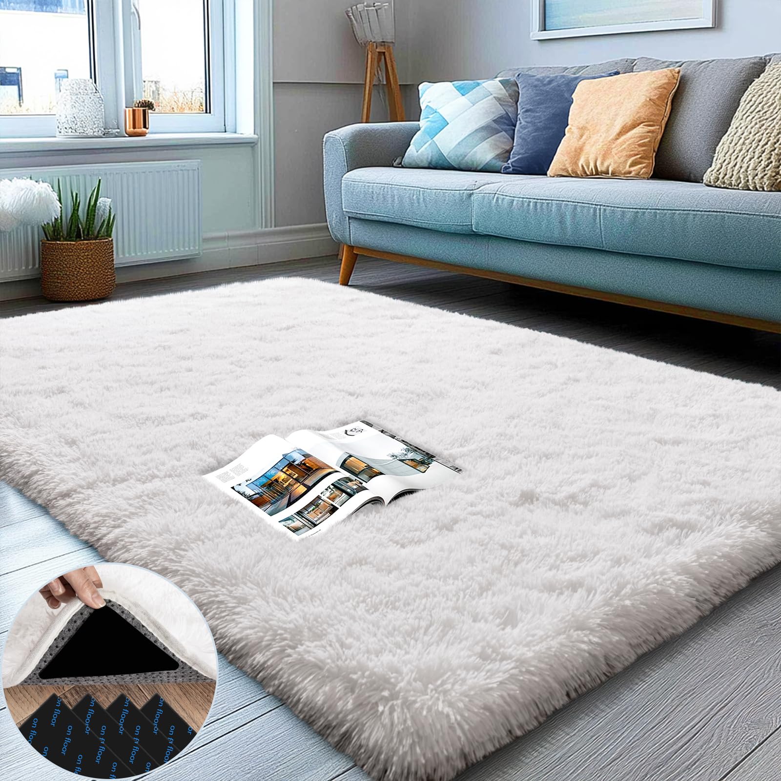 AAFKK 3x5 Area Rug for Bedroom, White Rugs for Living Room Nursery Kids Room Dorm Home Decor Aesthetic, Fluffy Shaggy Rug with 4 Anti-Slip Carpet