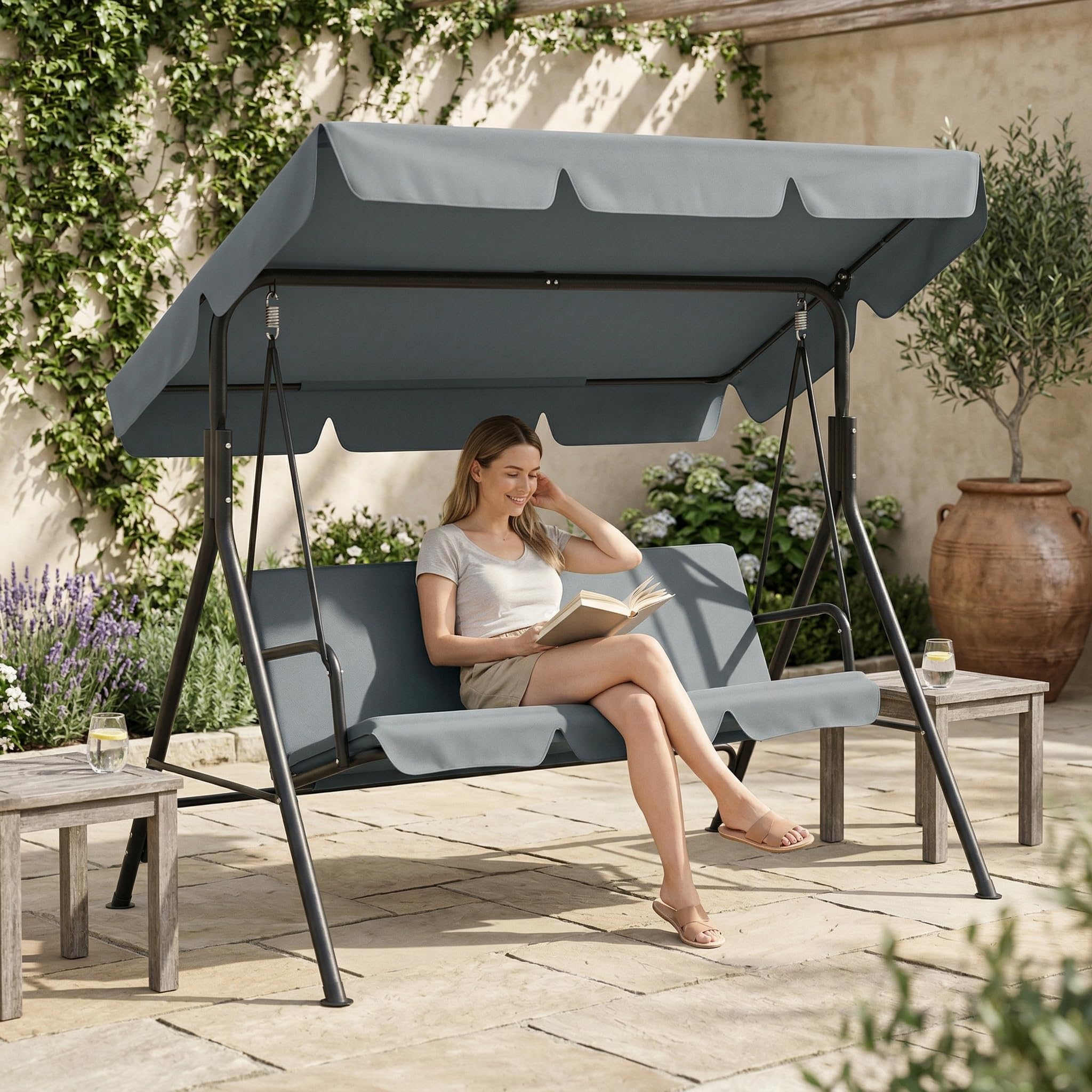 SAILUN 3-Seater Outdoor Canopy Swing Chair, Heavy Duty Patio Swing with Adjustable Sunshade, Weatherproof Garden Furniture, 200KG Capacity, for Garden, Patio, Balcony, Anthracite 193x110x152cm
