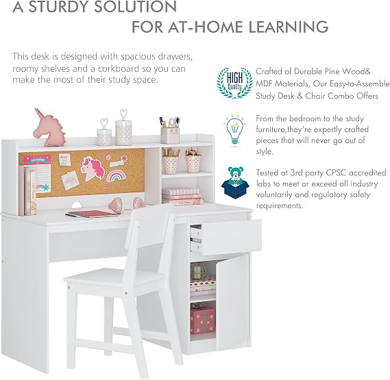 UTEX Kids Study Desk with Chair, Kids Desk and Chair Sets with Hutch for 5-12, Wooden Children Study Table, Student Writing Table Computer Workstation