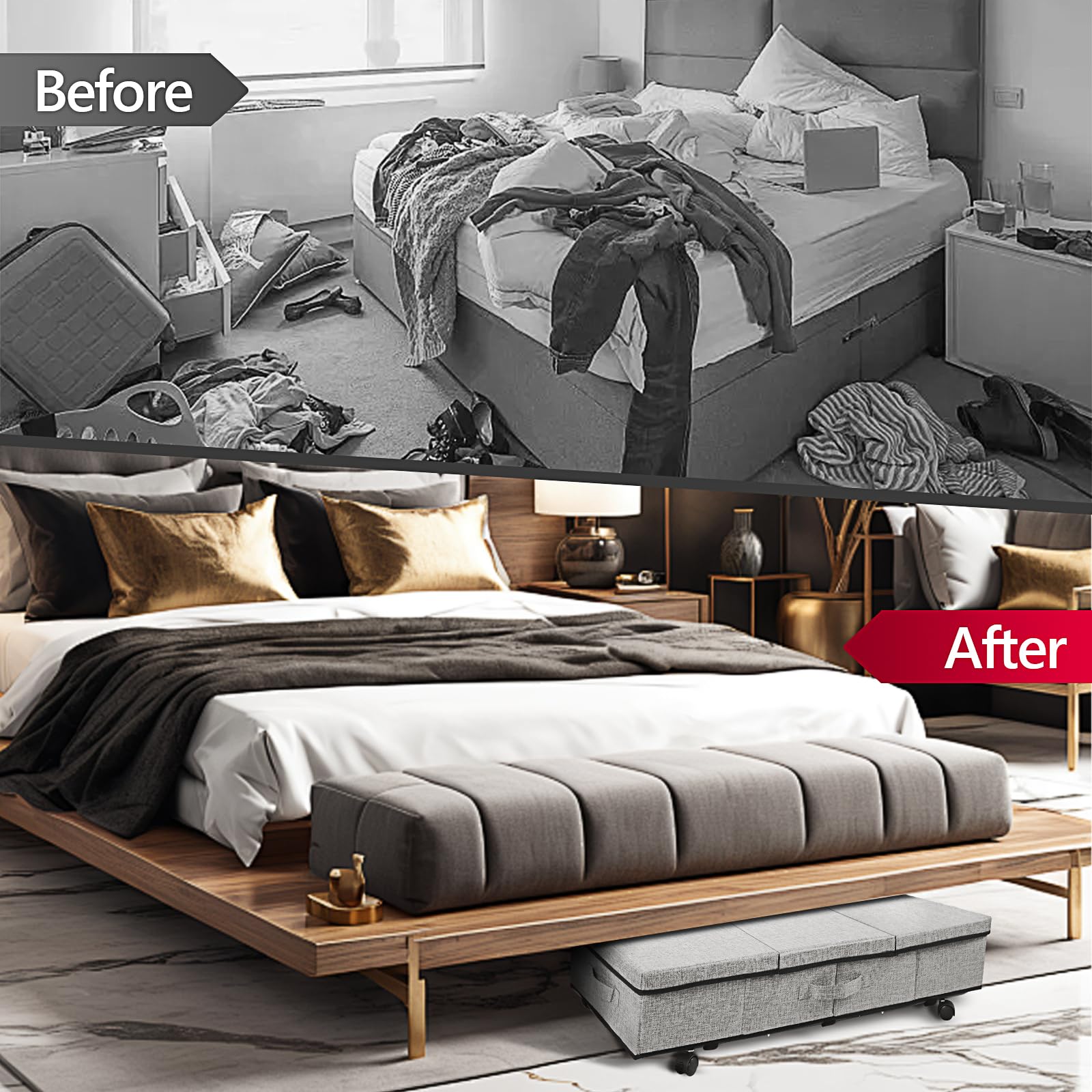 2 Contenitori Sottoletto Pieghevoli | 80x40x15cm, Beige | Per Vestiti, Coperte | Con Maniglie - Foto 4