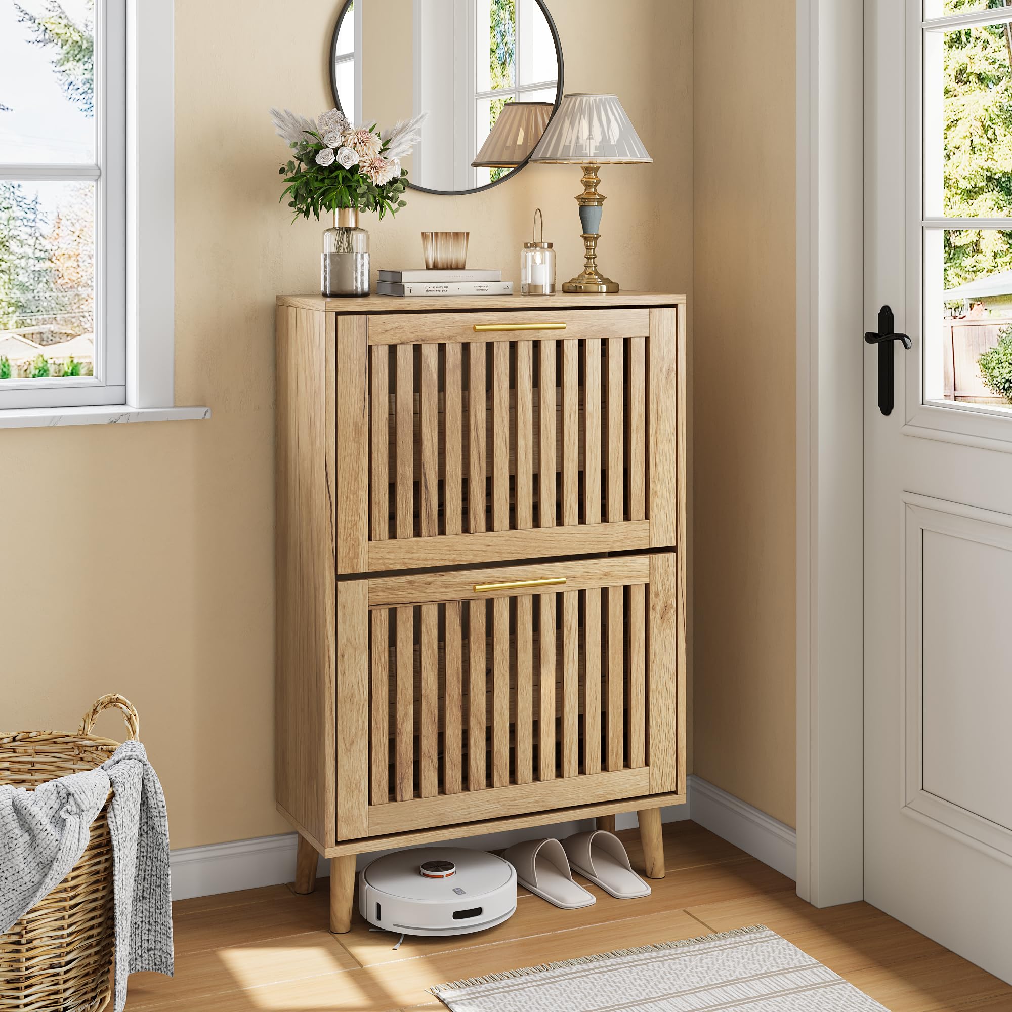 Shoe Cabinet with 2 Flip Louvered Drawers, Farmhouse Slim Shoe Organizer Rack with Golden Handles, Freestanding Hidden Entryway Storage for Hallway, Natural Oak Natural Oak 23.26“ W