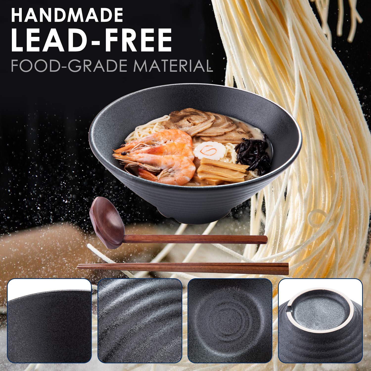 Genérico Juego de 14 tazones Grandes de Porcelana para Sopa Ramen de 2 x 900 ml con cucharas y Palillos para Pasta Udon, pho, soba, Cereales y ensaladas. Tazones de Fideos de Estilo japonés.