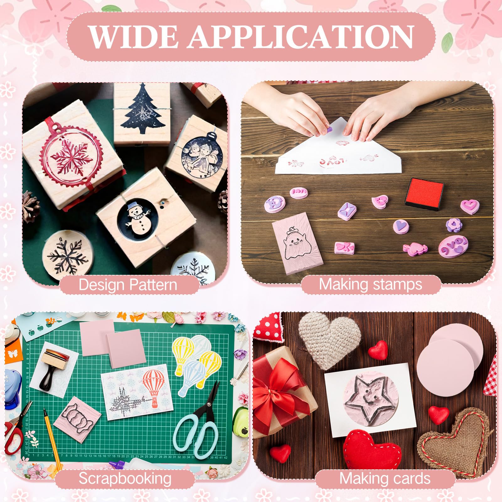 48 blocchi di linoleum in gomma rosa per la stampa 10,2 x 15,2 cm, 5,1 x 5,1 cm, 5,1 cm, 3 forme, kit per la creazione di timbri per artigianato e progetti artistici fai da te