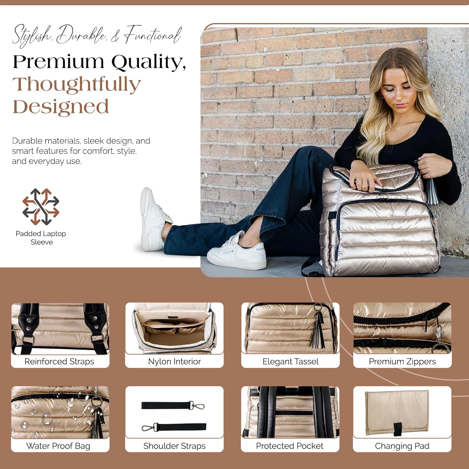 Citi Collective Gallery Diaper Bag Backpack - Casual Day-to-Day Backpack Fits 15" Laptop - Travel Bag with Multiple Compartments, Pockets, Portable Changing Pad, and Shoulder Strap-Gold