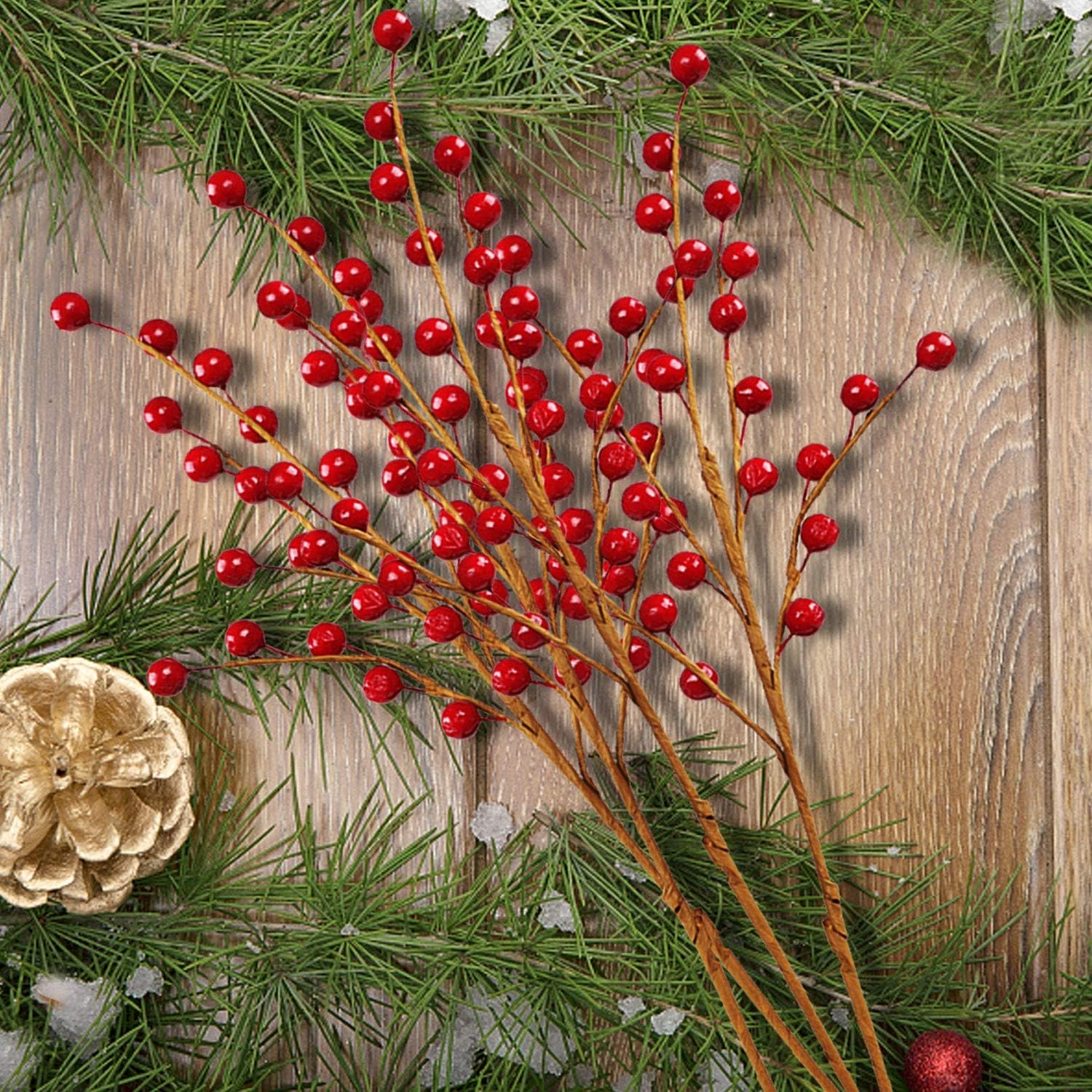 DR.DUDU 12 Red Holly Berry Stem Picks - Decorative Wire Stem Branch Sprays for Christmas Tree Decoration, Holiday Decor, Silk Flower Arrangements, Home DIY Crafts