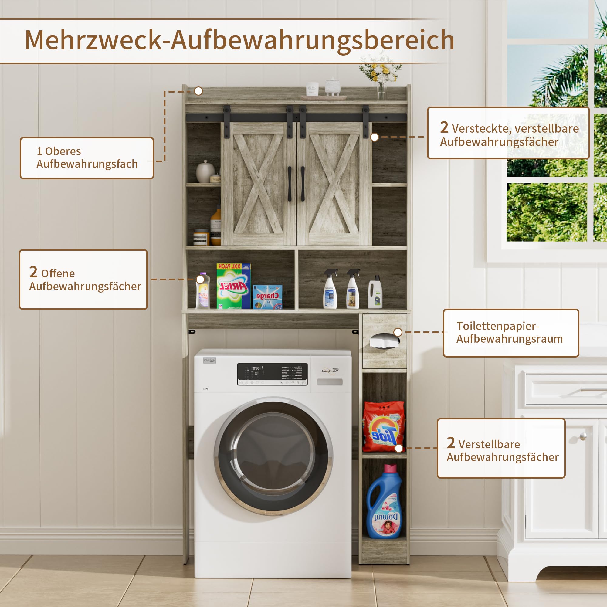BonVache Wasmachinekast met 2 schuifdeuren, verstelbare planken