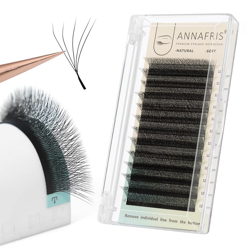 Extensões de Cílios Postiços ANNAFRIS 5D em Leque Pré-montado, Formato W, Curvatura C, 0,07 mm, 7–12 mm