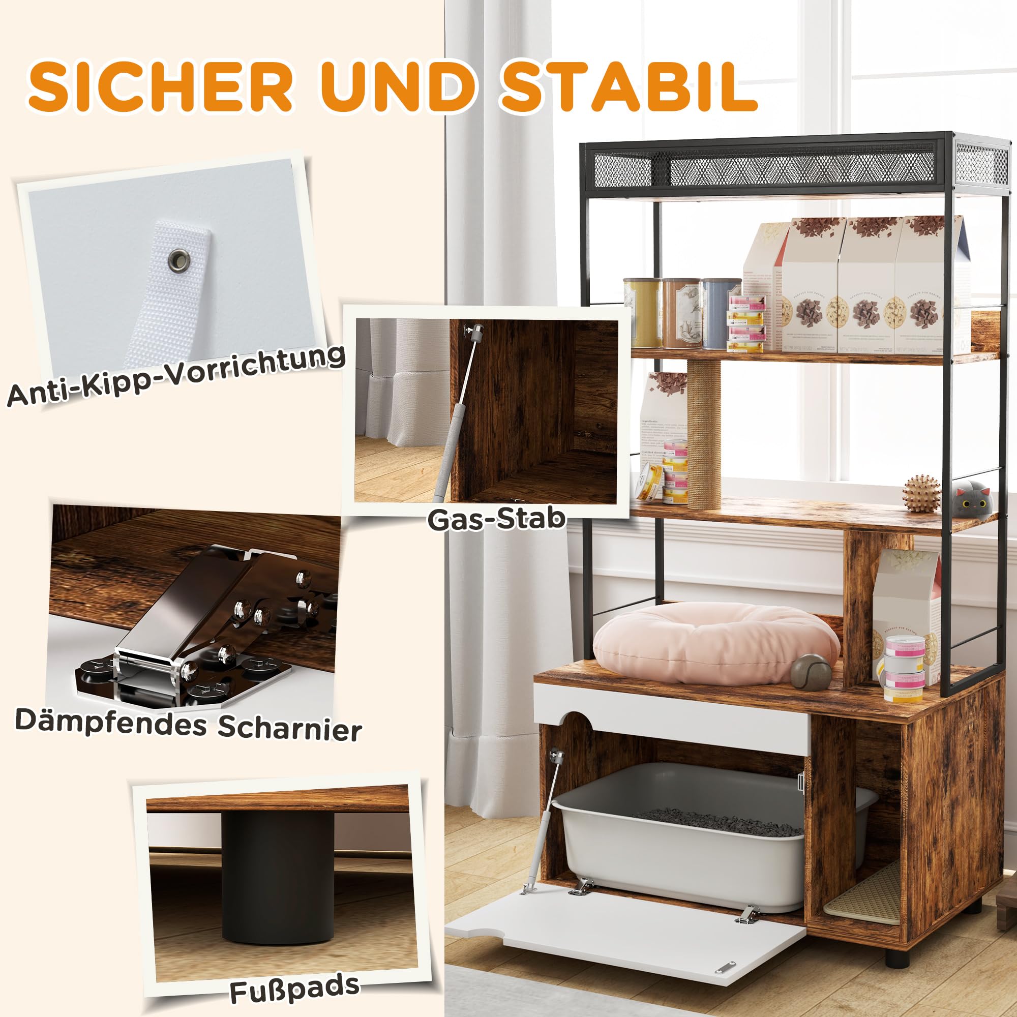 PawHut Katzenklo-Schrank, Katzenschrank, 2 in 1 Versteckter Katzentoilette mit 3-Ebenen-Regal, Kratzpfosten, Klapptür, Katzenhaus für Katze unter 6 kg, 80 x 48 x 152 cm, Rustikal-Braun