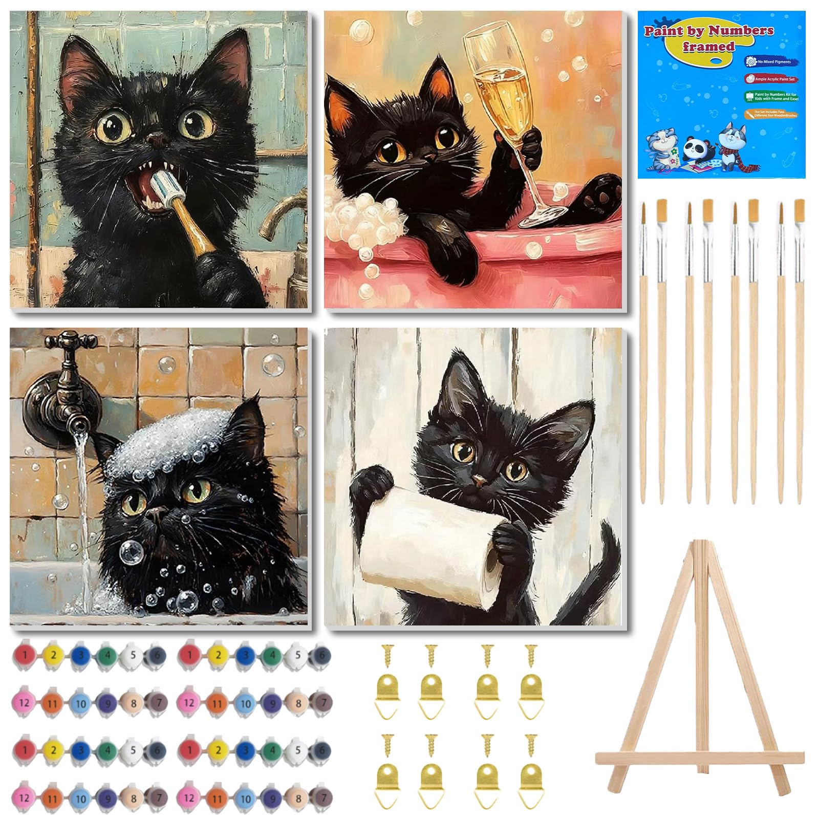GOUGOUFAFA 4 Pack Paint by Number for Children with Frame, Easy Paint by Numbers for Kids Ages 8-12 Animal, Cat Painting by Numbers for Kids for Gift Home Wall Decor 8x8Inch