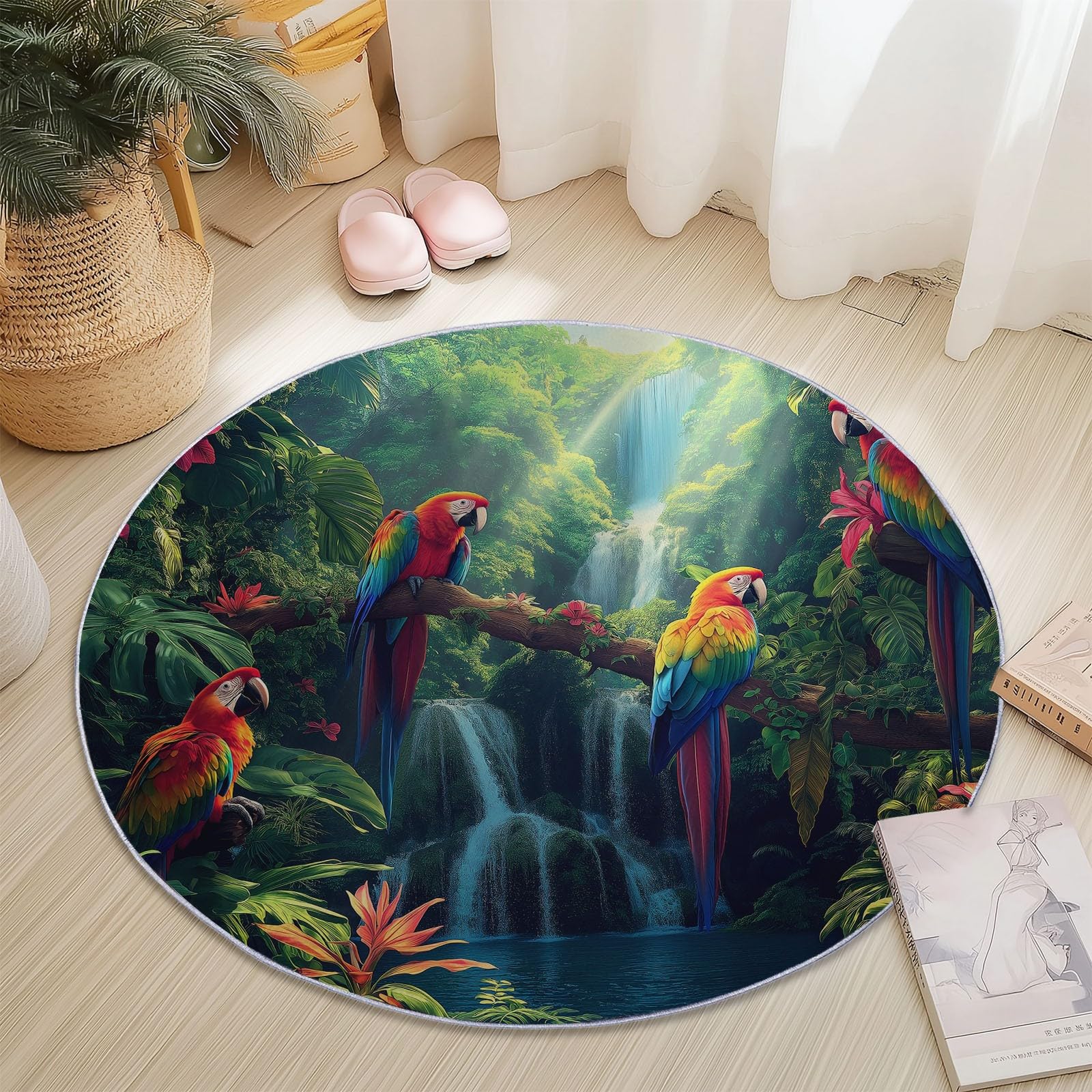 Generisch Teppiche für Wohnzimmer Rund, Natur Dschungel Vögel Drucken Teppich Schlafzimmer Groß Flanell Flauschig Weich rutschfest Fußmatte Waschbar für Kinderzimmer, Durchmesser 120 cm, Grün