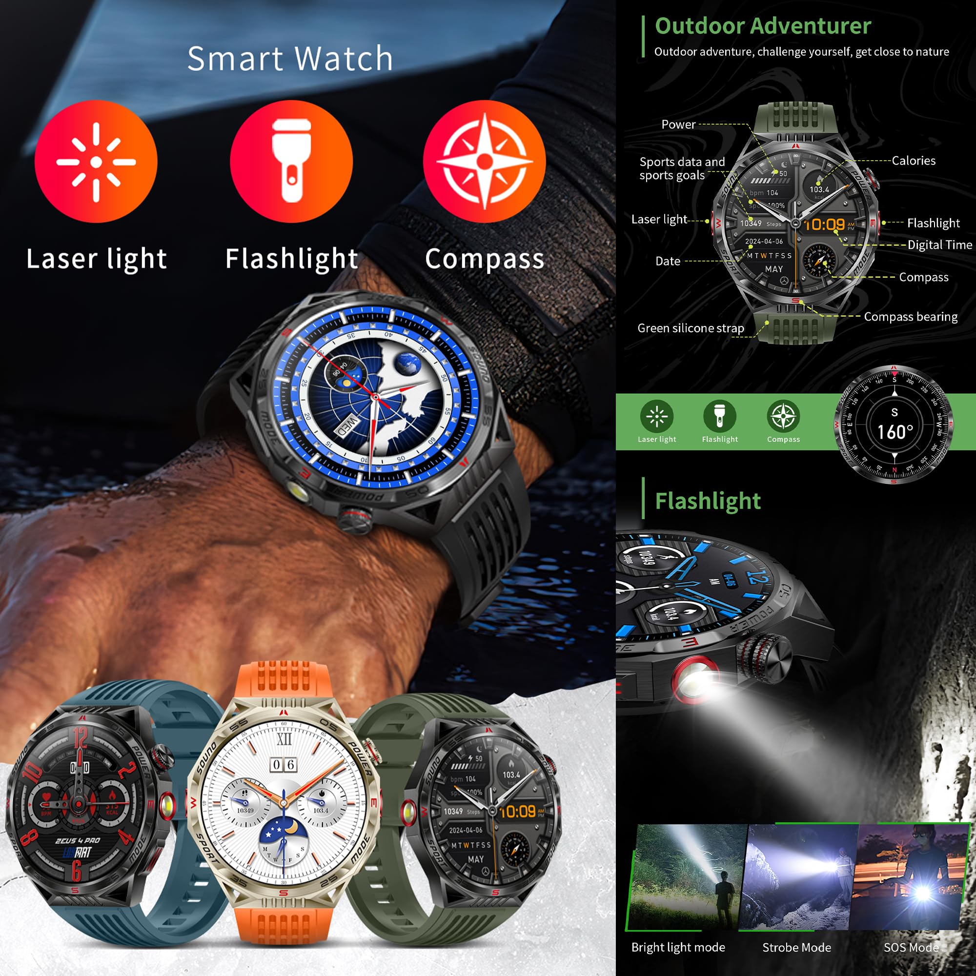 Reloj inteligente para hombre con función de teléfono, linterna, 1,85 pulgadas, AMOLED 5 ATM, reloj inteligente redondo, rastreador de actividad, con 123 modos deportivos, presión arterial, monitor de