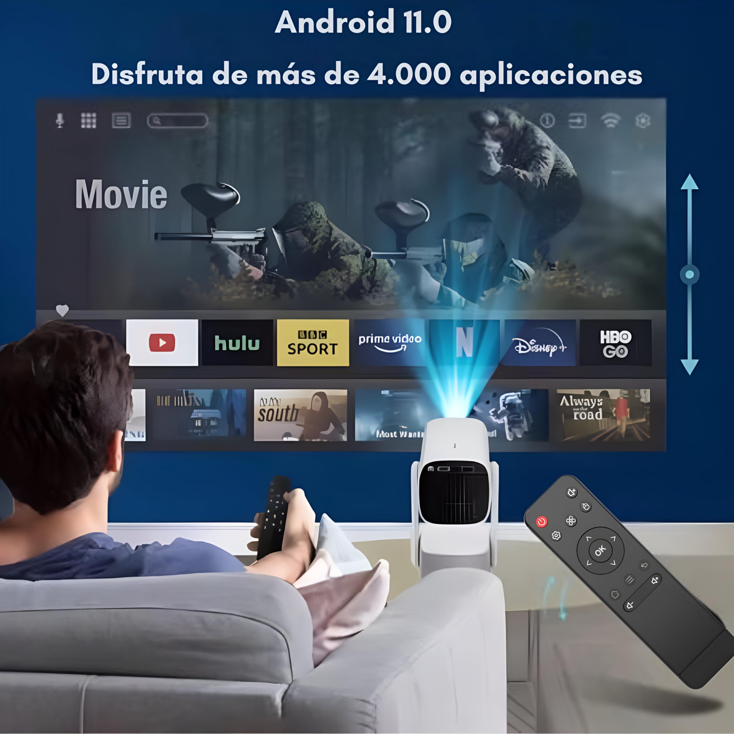 Proyector Consola Retro Integrada con más de 30.000 Juegos - Incluye 2 Mandos Inalámbricos - Android 11 y WiFi 6 - Tarjeta Memoria 64 GB - Calidad HD 1080Px720P con Soporte 4K - Enchufar y Listo