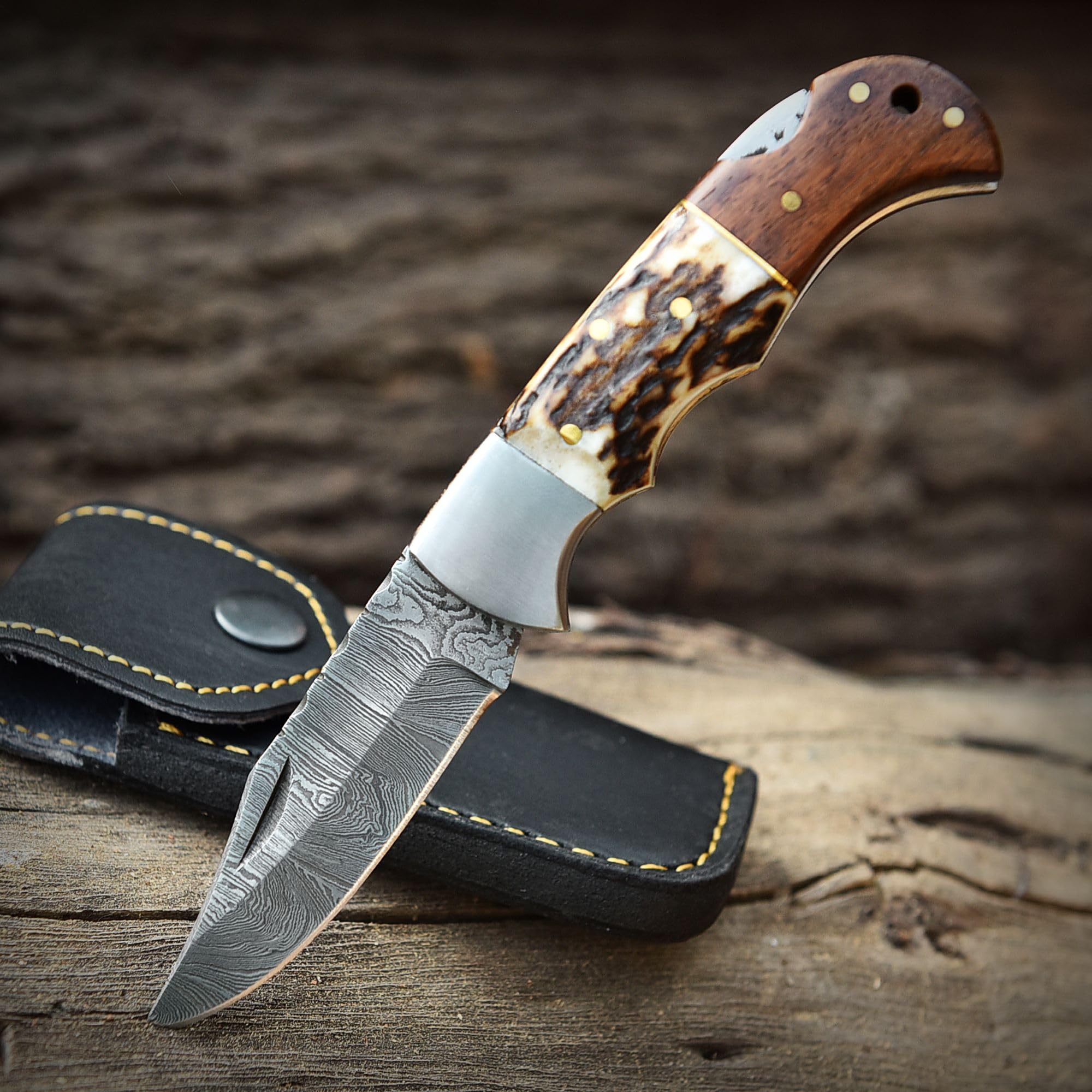 Poshland Steelware Custom Damascus Steel Folding Pocket Knife – Handmade, Compact for Outdoor, Camping, Hiking and Hunting (Brown)