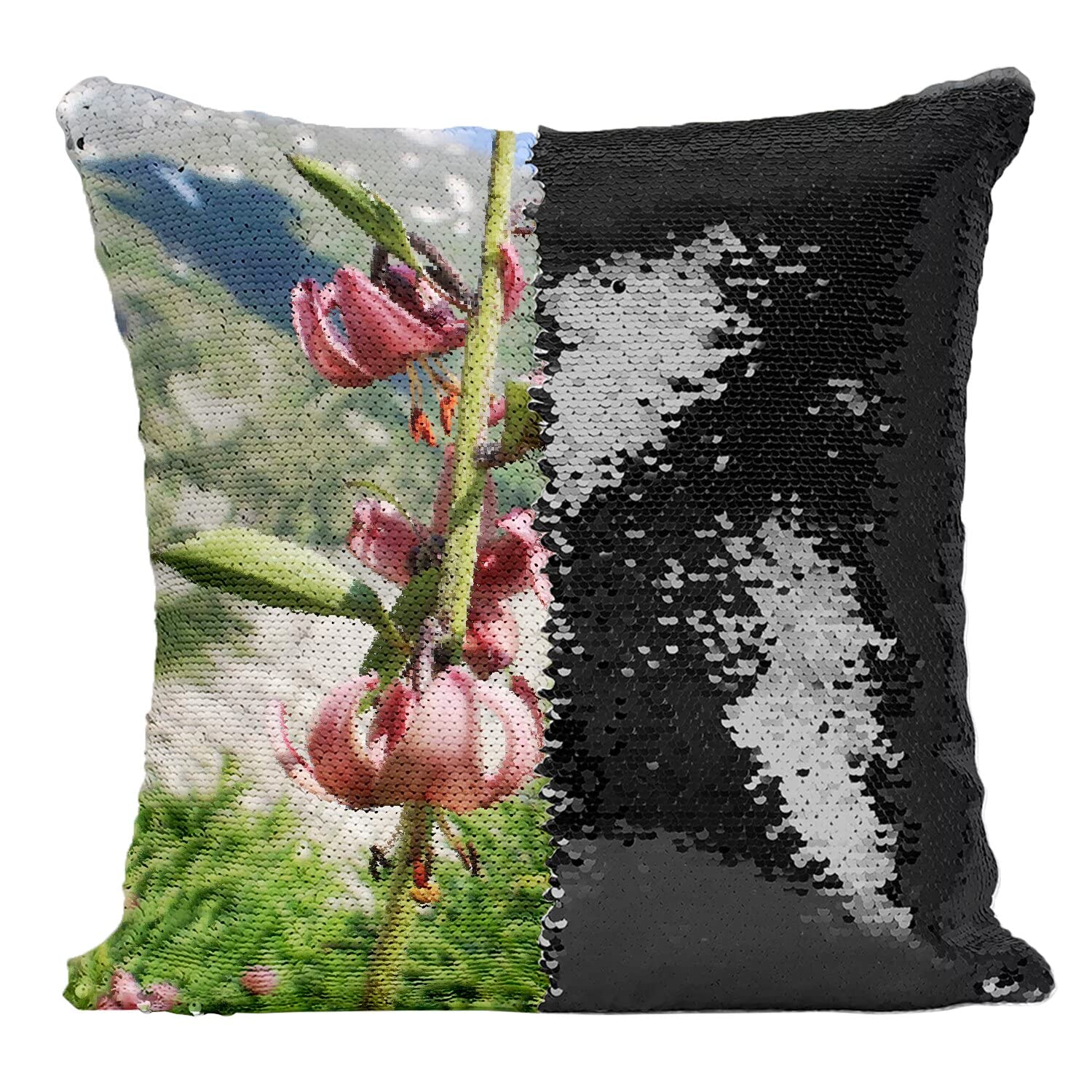 Coussin paillettes noir avec fleurs de montagnes pour votre canapé