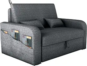 Sofá Cama Versátil Poltrona 2 Lugares Para Sala De Descanso Com Encosto Reclinável Luxo E Báu Organizador Linho Conforto Premium Design Moderno (Cinza)