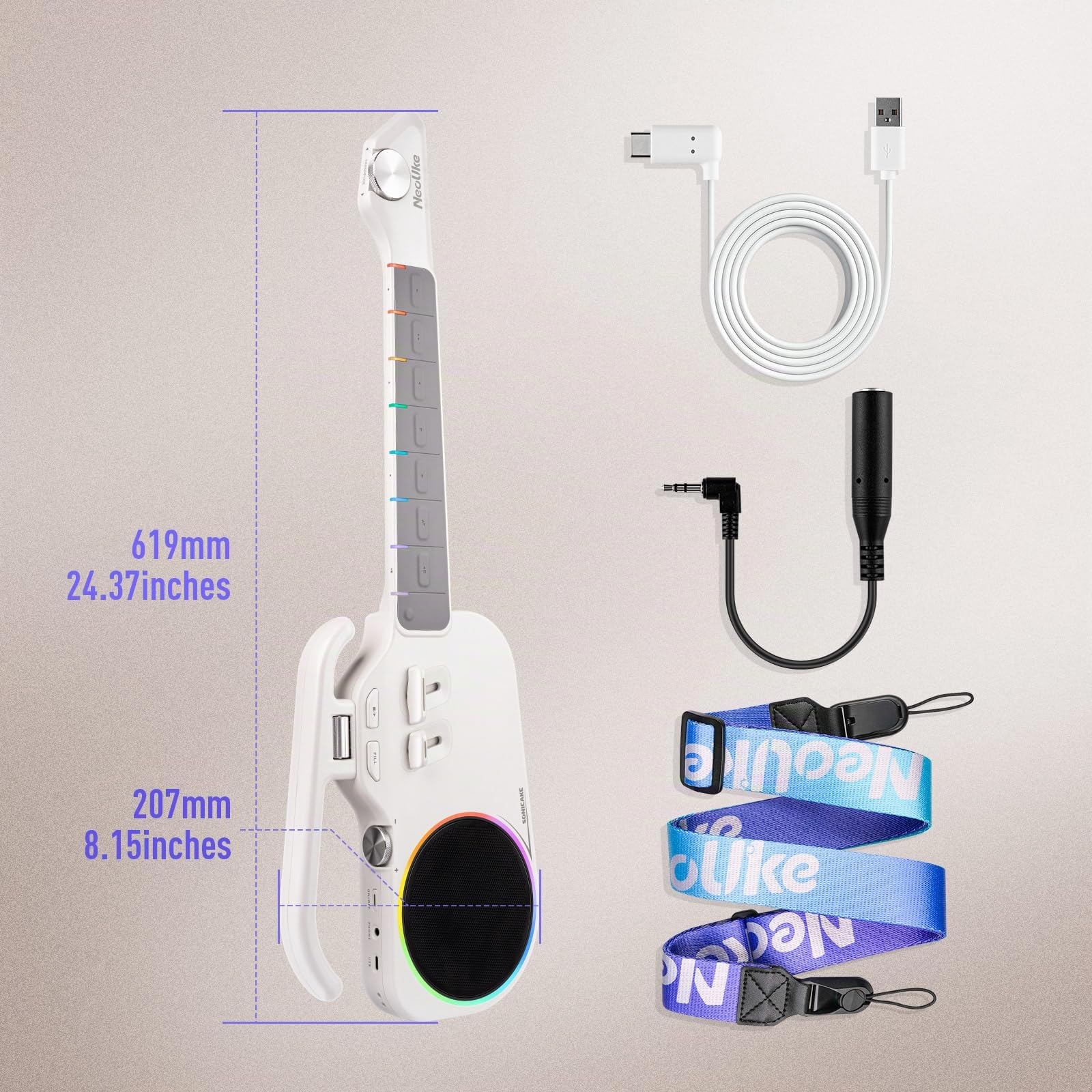 SONICAKE Guitare Intelligente Sans Cordes, Ukulélé Numérique à Manche Lumineux pour Débutants, Instrument de Voyage Portable avec Haut-Parleur BT 10W Intégré, Accompagnement Auto & App NeoUke