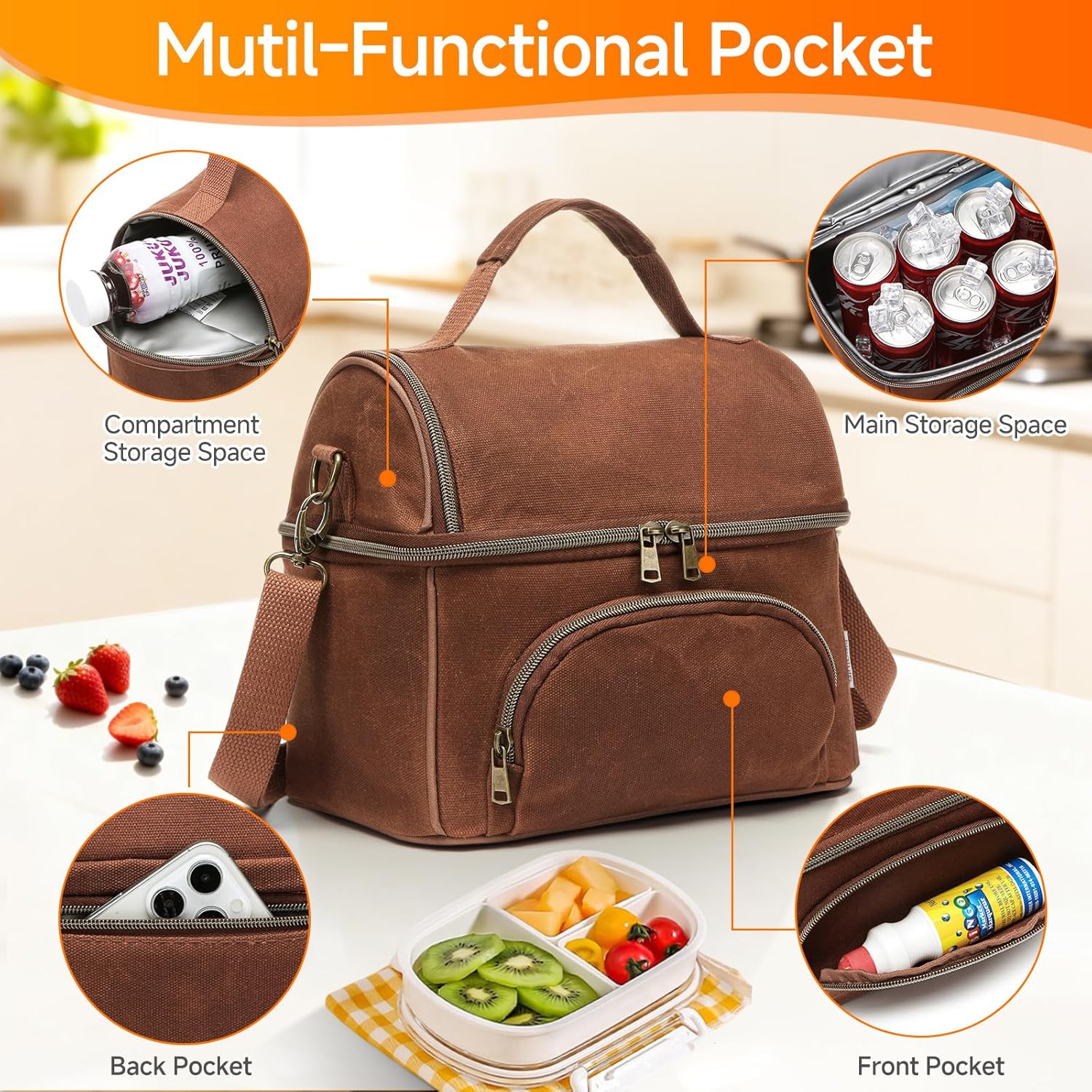 Waxed Canvas Lunch Bag for Men, Small Soft Cooler Bags Insulated with 2 Ice packs, Women Lunch Bags for Work, 10.5L 2 Compartments Leakproof Lunchbox for Work, Camping, Beach and Road Trips - Image 4