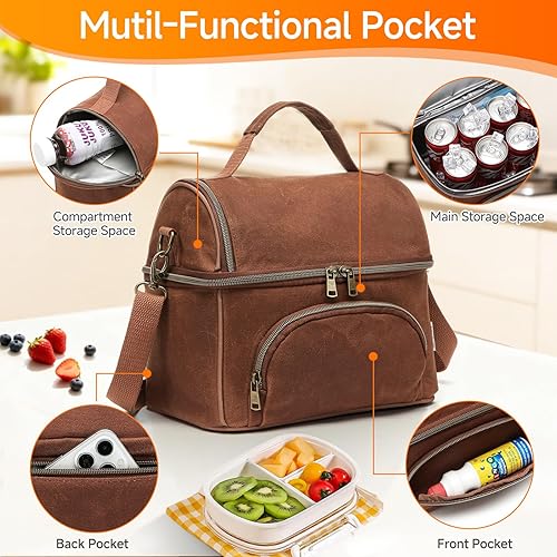 Miniatura 4 de Bolsa de almuerzo de lona encerada para hombres, pequeñas bolsas enfriadoras suaves aisladas con 2 bolsas de hielo, bolsas de almuerzo para mujer