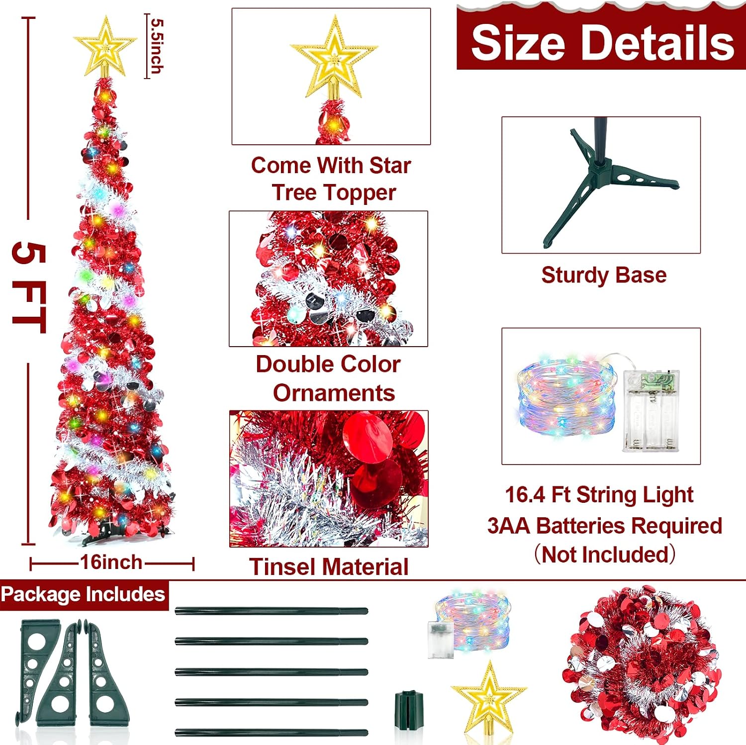 5 Ft Prelit Valentine's Day Pencil Tree Decor Timer 50 Color Lights Star Sequins Battery Operated Tinsel Pop Up Slim Artificial Xmas Tree Home Party Indoor Outdoor Valentines Decoration (Red & Sliver)