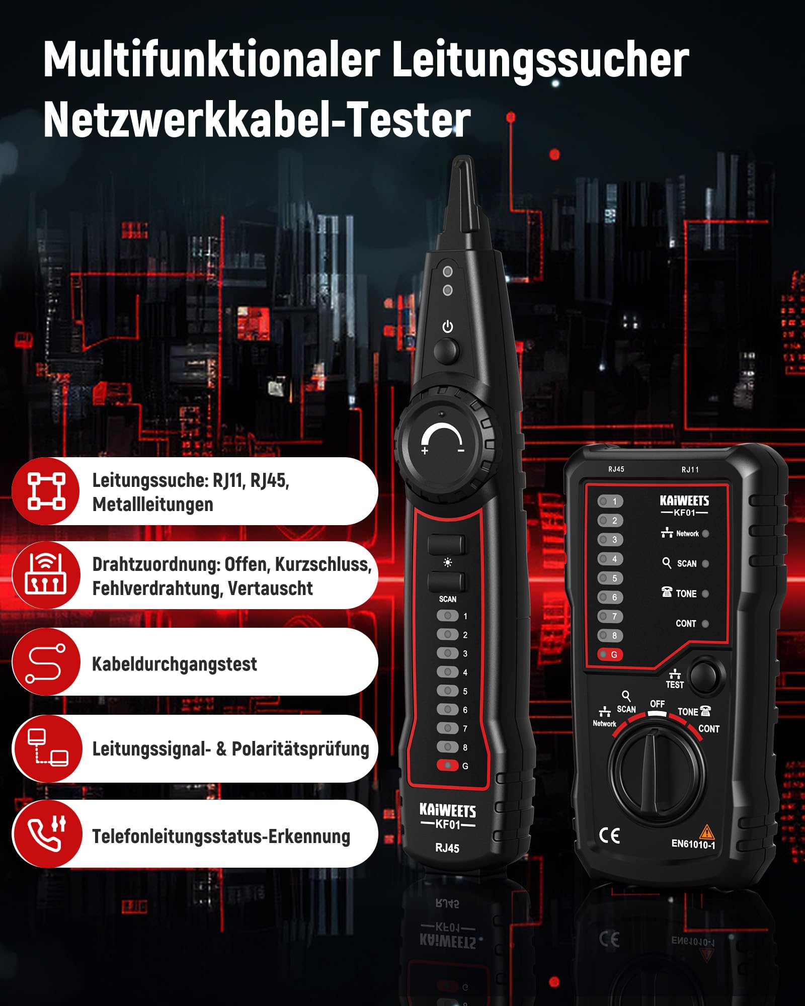 KAIWEETS netzwerktester – RJ45 RJ11 netzwerkkabel tester Telefonkabeltester,netzwerk kabeltester LAN-Kabeltester, geeignet für Kabelverfolgung, Telefonleitungstests und Durchgangsprüfungen