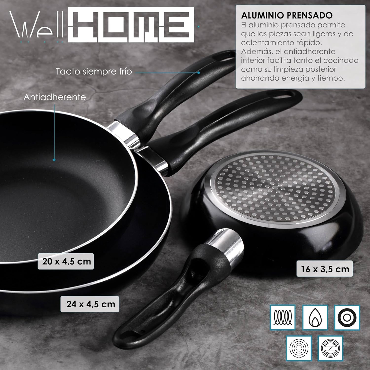 Well Home 7-Piece Stainless Steel Cookware Set + 3 Pans, Diameter 16 x 20 x 24 cm, Black, Pressed Aluminium