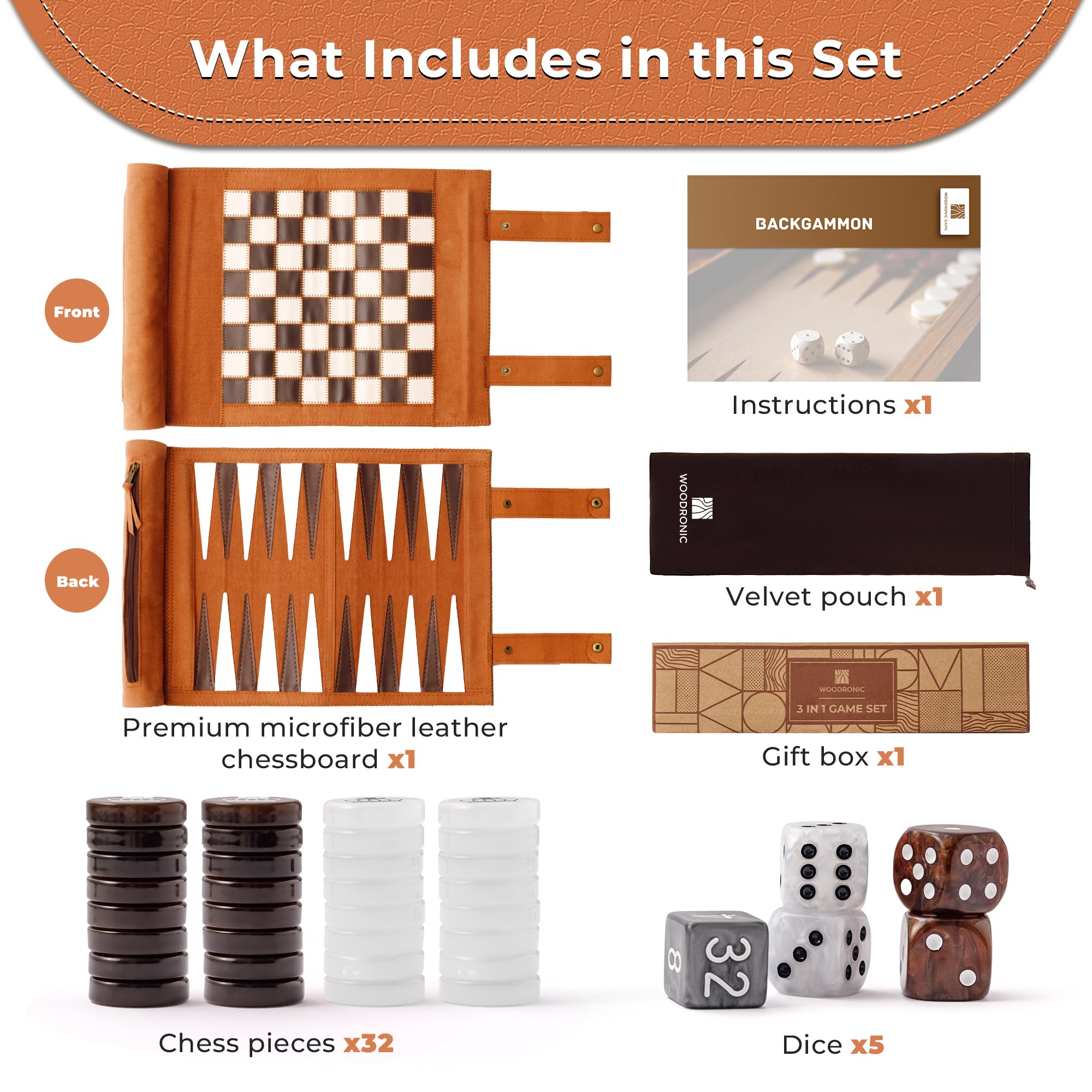 Juego de damas de backgammon de ajedrez de viaje 3 en 1, juego de backgammon de cuero enrollable con 32 piezas de perlas premium y 5 dados, juego de mesa de ajedrez de viaje portátil para 5