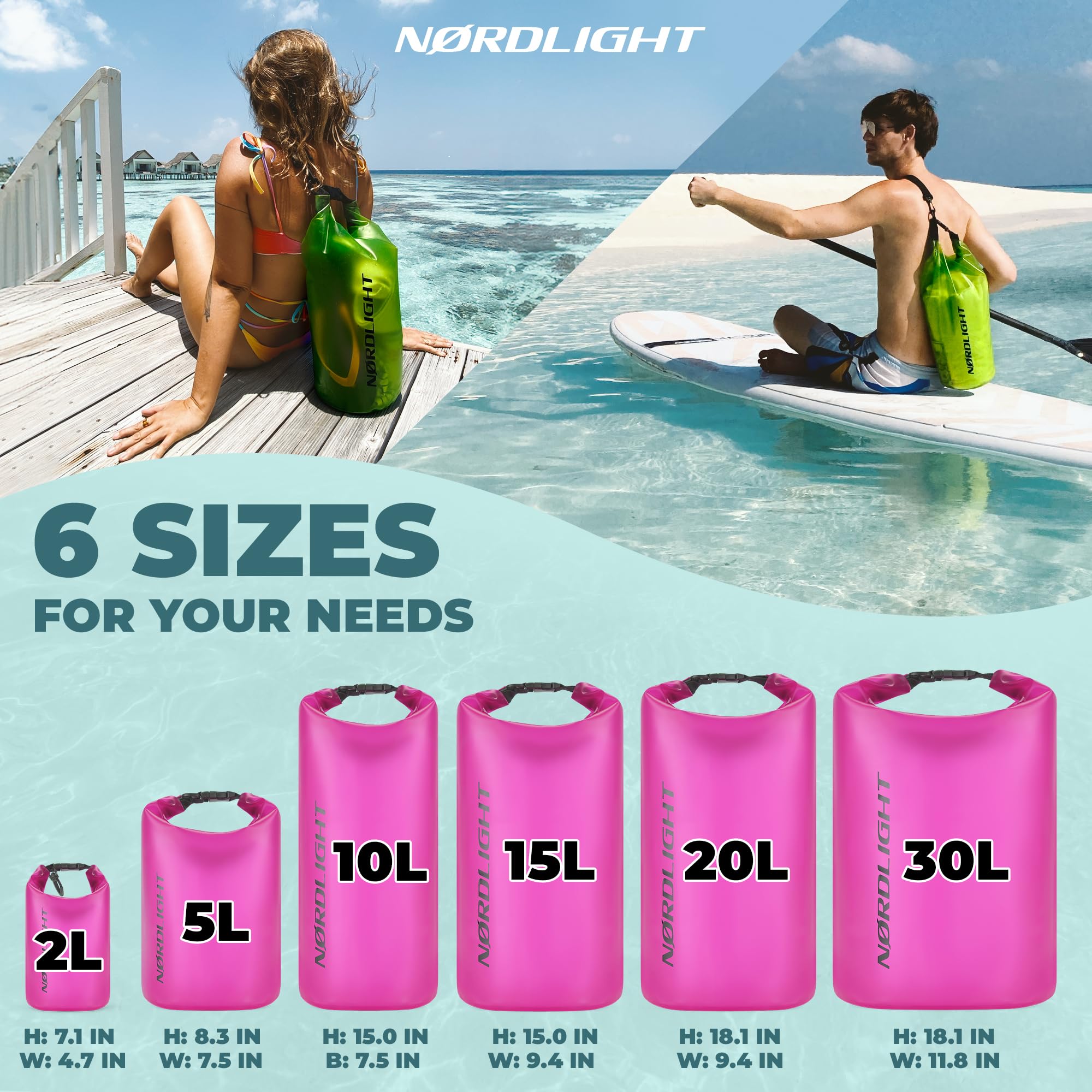 Nordlight Dry Bag e borse impermeabili - zaini impermeabili da 2l, 5l, 10l, 15, 20l, 30l, ccon chiusura a rotolo e tracolla con custodia impermeabile per cellulare e marsupio