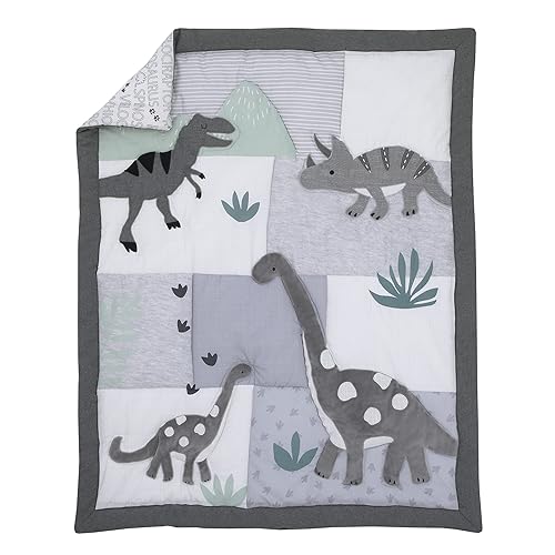 Miniatura 2 de NoJo Baby-Saurus Brontosaurus - Juego de ropa de cama de 4 piezas para cuna de bebé, diseño de dinosaurios tiranosaurio con hojas de montaña, gris,