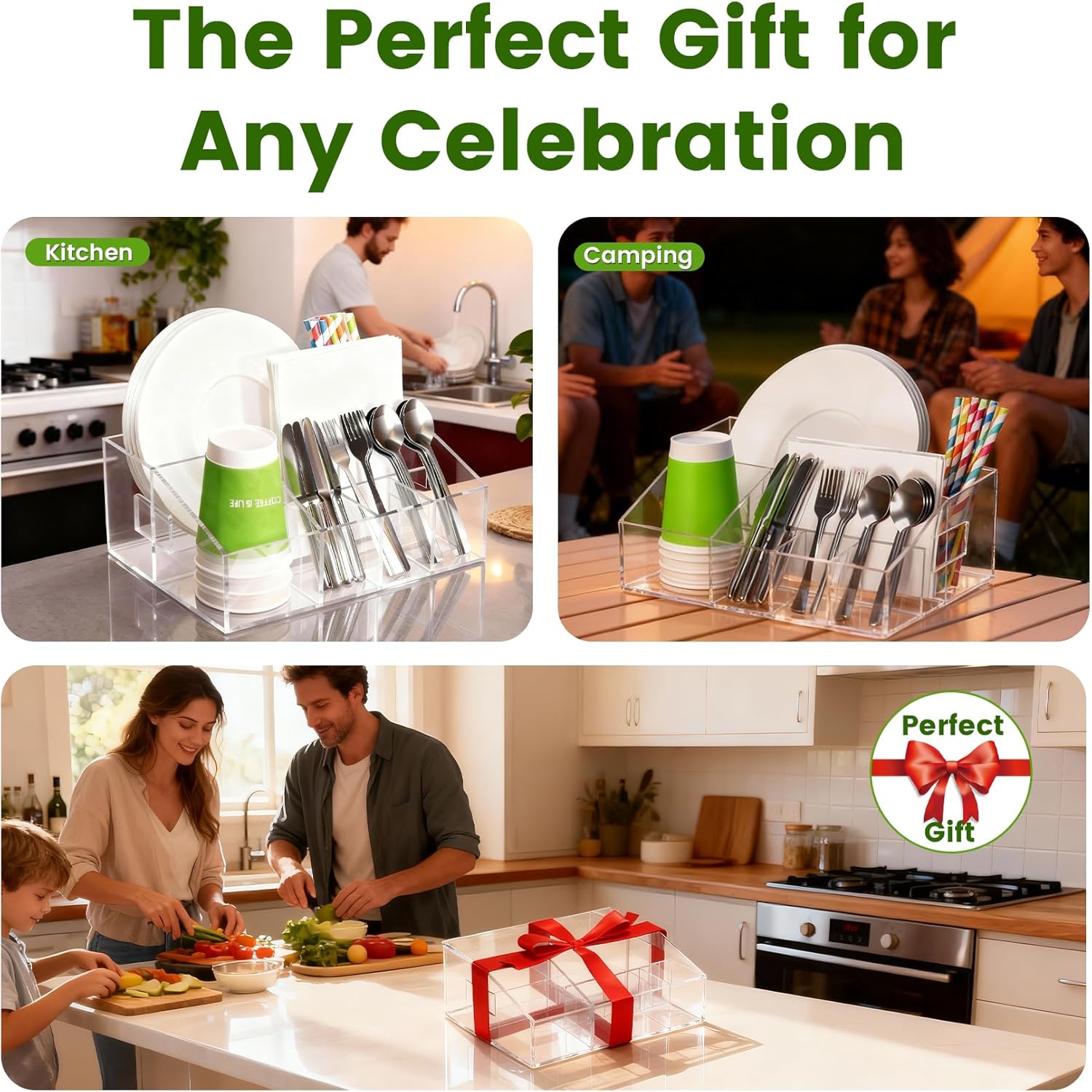 Acrylic Paper Plate Holder Organizer, Clear Utensil Caddy & Dispenser with Non-Slip Pads&7 Divided Grids for Kitchen, Party, Outdoor - Space-Saving Storage